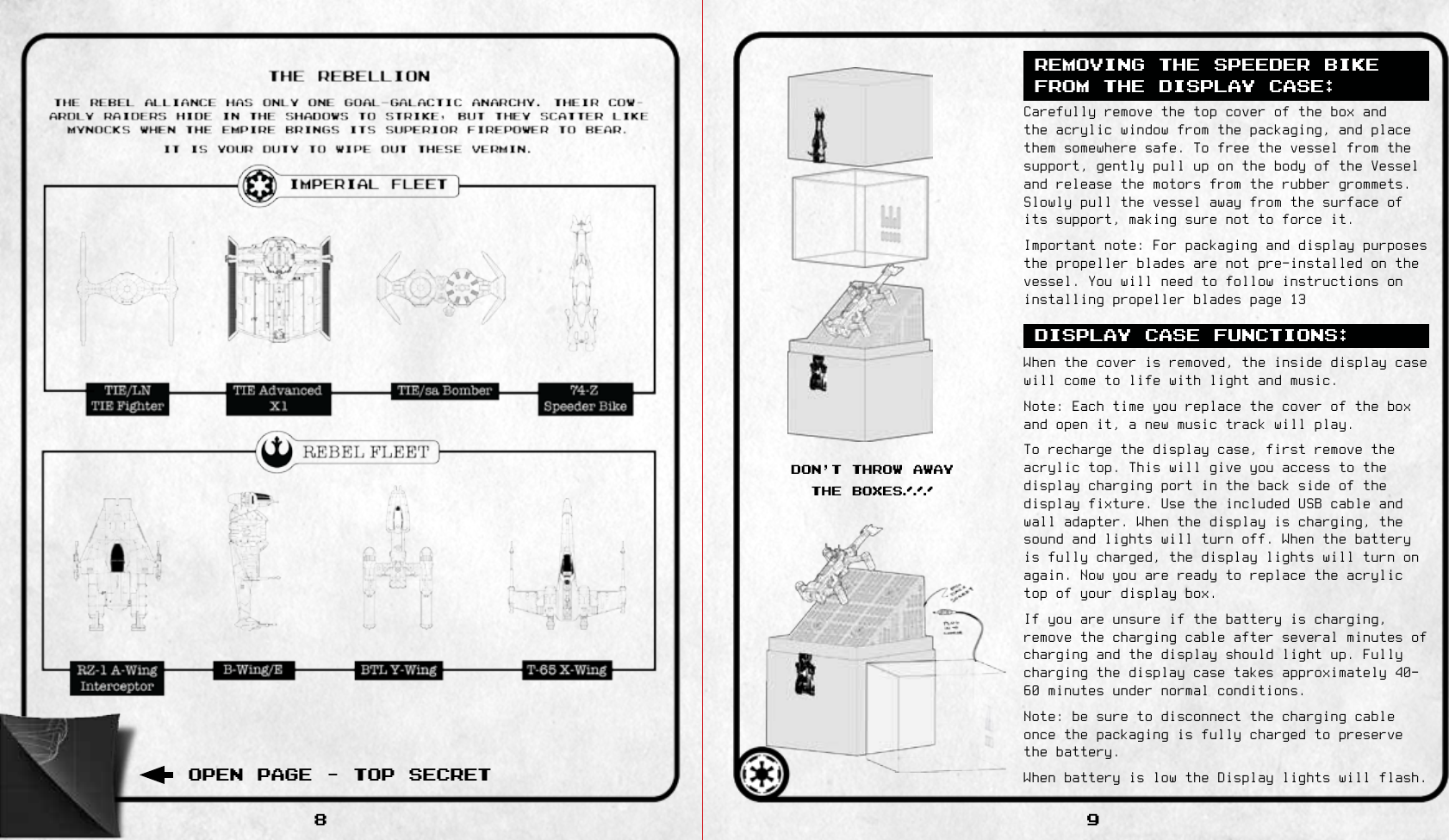 OPEN PAGE - TOP SECRET98DON’T THROW AWAY THE BOXES!!!REMOVING THE SPEEDER BIKE FROM THE DISPLAY CASE:DISPLAY CASE FUNCTIONS: 