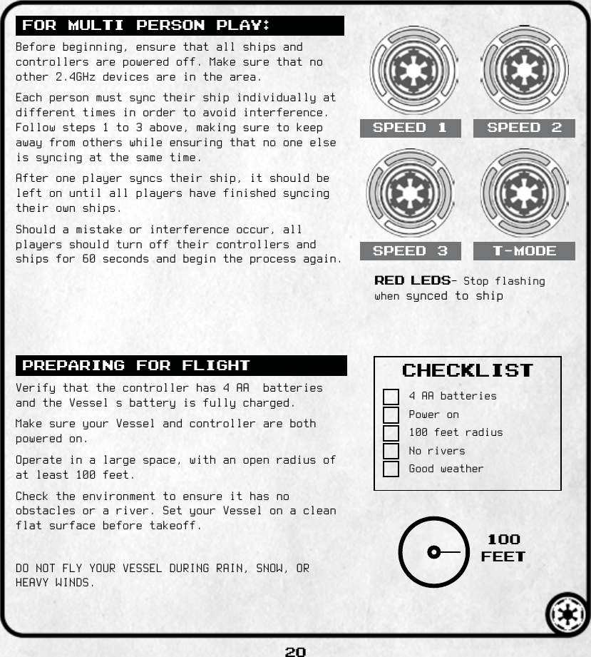20PREPARING FOR FLIGHT FOR MULTI PERSON PLAY: 100 FEETSPEED 1SPEED 3SPEED 2T-MODECHECKLISTRedLEDs