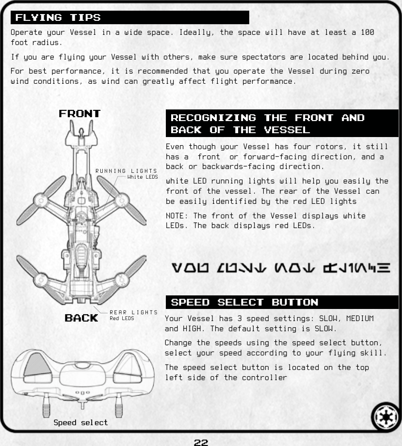 22running lightsrear lightsFLYING TIPSRECOGNIZING THE FRONT AND BACK OF THE VESSELSPEED SELECT BUTTONFRONTBACKSpeed select