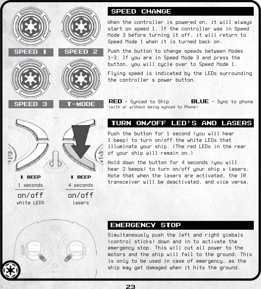 23SPEED CHANGETURN ON/OFF LED’S AND LASERS 1 beep 1 beep RedSPEED 1SPEED 3SPEED 2T-MODEEMERGENCY STOPBlue