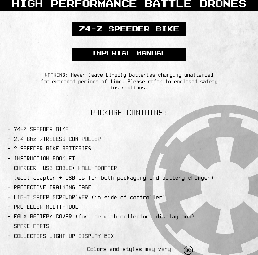 HIGH PERFORMANCE BATTLE DRONESIMPERIAL MANUAL74-Z SPEEDER BIKE