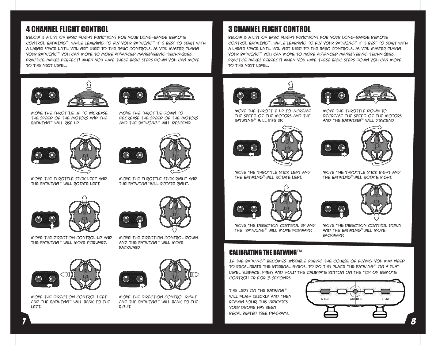 Move the Throttle up to increase the speed of the motors and the BATWING™ will rise up.Move the Throttle down to decrease the speed of the motors and the BATWING™ will descend.Move the Throttle stick left and the BATWING™ will rotate left.Move the Throttle stick right and the BATWING™will rotate right.Move the Direction Control up and the BATWING™ will move forward.Move the Direction Control down and the BATWING™ will move backward.Move the Direction Control left and the BATWING™ will bank to the left.Move the Direction Control right and the BATWING™ will bank to the right.Below is a list of basic flight functions for your long-range remote control BATWING™. While learning to fly your BATWING™ it is best to start with a large space until you get used to the basic controls. As you master flying your BATWING™ you can move to more advanced maneuvering techniques. Practice makes perfect! When you have these basic steps down you can move to the next level.Below is a list of basic flight functions for your long-range remote control BATWING™. While learning to fly your BATWING™ it is best to start with a large space until you get used to the basic controls. As you master flying your BATWING™ you can move to more advanced maneuvering techniques. Practice makes perfect! When you have these basic steps down you can move to the next level.Move the Throttle up to increase the speed of the motors and the BATWING™ will rise up.Move the Throttle down to decrease the speed of the motors and the BATWING™ will descend.Move the Throttle stick left and the BATWING™will rotate left.Move the Throttle stick right and the BATWING™will rotate right.Move the Direction Control up and the  BATWING™ will move forward.Move the Direction Control down and the BATWING™will move backward.If the Batwing™ becomes unstable during the course of flying, you may need to recalibrate the internal gyros. To do this place the BAtwing™ on a flat level surface, press and hold the calibrate button on the top of remote controller for 3 seconds  3 CHANNEL FLIGHT CONTROL CALIBRATING THE BATWING™The LEDs on the Batwing™ will flash quickly and then remain solid, this indicates your drone has been recalibrated (see diagram). 4 CHANNEL FLIGHT CONTROL CALIBRATE STUNTSPEED7 8