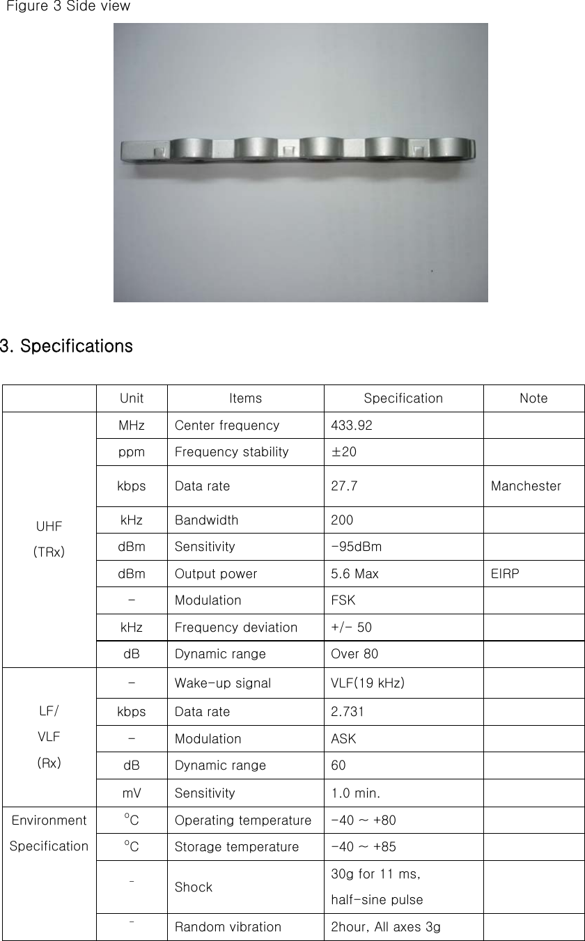 Figure 3 Side view   3. Specifications    Unit  Items  Specification  Note MHz  Center frequency  433.92   ppm  Frequency stability  ±20   kbps  Data rate  27.7  Manchester kHz  Bandwidth  200   dBm  Sensitivity  -95dBm   dBm  Output power  5.6 Max  EIRP -  Modulation  FSK   kHz  Frequency deviation  +/- 50   UHF (TRx) dB  Dynamic range  Over 80   -  Wake-up signal  VLF(19 kHz)   kbps  Data rate  2.731   -  Modulation  ASK   dB  Dynamic range  60   LF/ VLF (Rx) mV  Sensitivity  1.0 min.   oC  Operating temperature -40 ~ +80   oC  Storage temperature  -40 ~ +85   -  Shock 30g for 11 ms, half-sine pulse  Environment Specification -  Random vibration  2hour, All axes 3g   