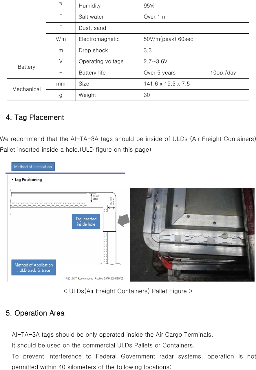 %  Humidity  95%     -  Salt water  Over 1m   -  Dust, sand     V/m  Electromagnetic  50V/m(peak) 60sec   m  Drop shock  3.3   V  Operating voltage  2.7~3.6V   Battery -  Battery life  Over 5 years  10op./day mm  Size  141.6 x 19.5 x 7.5   Mechanical g  Weight  30    4. Tag Placement  We recommend that the AI-TA-3A tags should be inside of ULDs (Air Freight Containers) Pallet inserted inside a hole.(ULD figure on this page)  &lt; ULDs(Air Freight Containers) Pallet Figure &gt;  5. Operation Area  AI-TA-3A tags should be only operated inside the Air Cargo Terminals. It should be used on the commercial ULDs Pallets or Containers. To  prevent  interference  to  Federal  Government  radar  systems,  operation  is  not permitted within 40 kilometers of the following locations:   