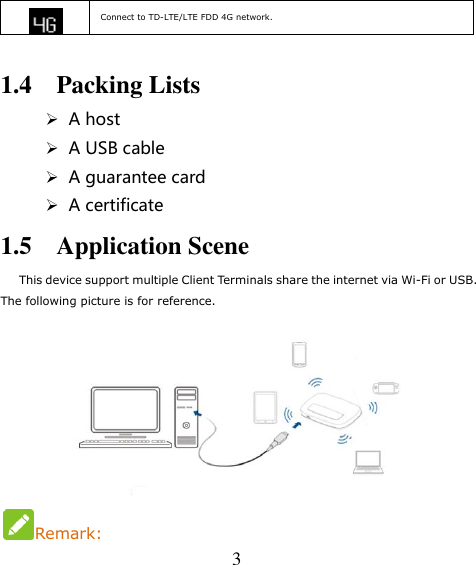   3  Connect to TD-LTE/LTE FDD 4G network.  1.4    Packing Lists  A host  A USB cable  A guarantee card  A certificate 1.5    Application Scene      This device support multiple Client Terminals share the internet via Wi-Fi or USB. The following picture is for reference.  Remark: 