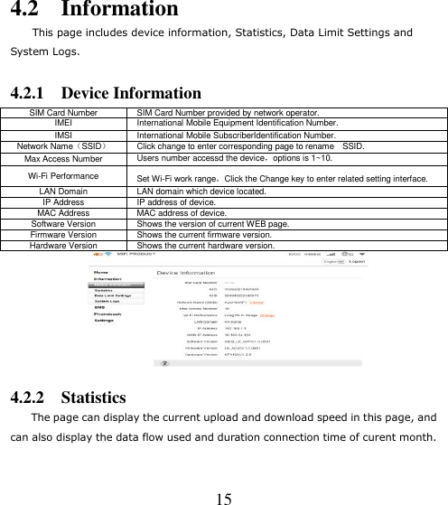   15 4.2    Information      This page includes device information, Statistics, Data Limit Settings and System Logs. 4.2.1    Device Information SIM Card Number SIM Card Number provided by network operator. IMEI International Mobile Equipment Identification Number. IMSI International Mobile SubscriberIdentification Number. Network Name（SSID） Click change to enter corresponding page to rename    SSID. Max Access Number Users number accessd the device，options is 1~10. Wi-Fi Performance Set Wi-Fi work range，Click the Change key to enter related setting interface. LAN Domain LAN domain which device located. IP Address IP address of device. MAC Address MAC address of device. Software Version Shows the version of current WEB page. Firmware Version Shows the current firmware version. Hardware Version Shows the current hardware version.  4.2.2    Statistics The page can display the current upload and download speed in this page, and can also display the data flow used and duration connection time of curent month. 