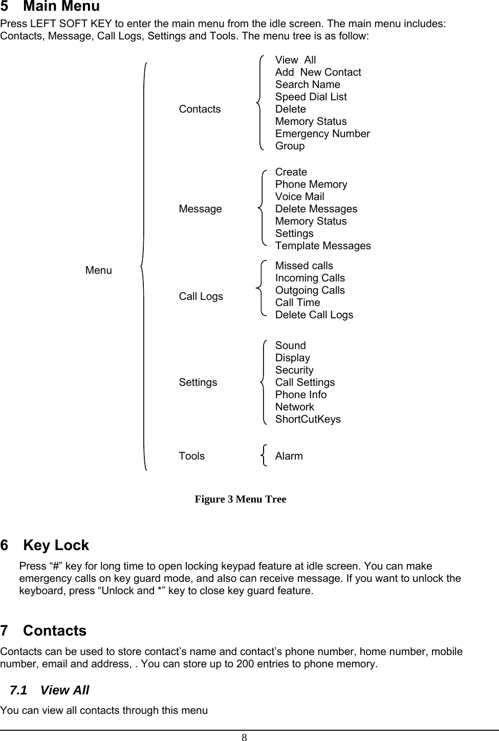 8 5 Main Menu Press LEFT SOFT KEY to enter the main menu from the idle screen. The main menu includes: Contacts, Message, Call Logs, Settings and Tools. The menu tree is as follow:  Menu   Contacts   View  All Add  New Contact Search Name Speed Dial List Delete Memory Status Emergency Number Group    Message     Create Phone Memory Voice Mail Delete Messages Memory Status Settings Template Messages   Call Logs  Missed calls Incoming Calls Outgoing Calls Call Time Delete Call Logs    Settings  Sound Display Security Call Settings Phone Info Network ShortCutKeys                 Tools  Alarm Figure 3 Menu Tree  6 Key Lock Press “#” key for long time to open locking keypad feature at idle screen. You can make emergency calls on key guard mode, and also can receive message. If you want to unlock the keyboard, press “Unlock and *” key to close key guard feature.  7 Contacts Contacts can be used to store contact’s name and contact’s phone number, home number, mobile number, email and address, . You can store up to 200 entries to phone memory. 7.1 View All You can view all contacts through this menu 