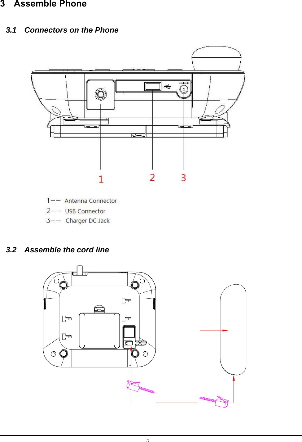 5  3 Assemble Phone  3.1  Connectors on the Phone  3.2  Assemble the cord line  