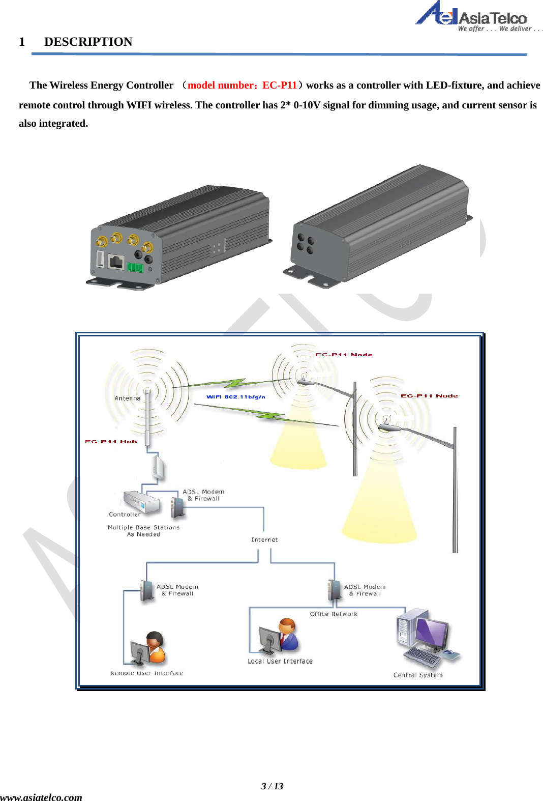   3 / 13 www.asiatelco.com 1   DESCRIPTION     The Wireless Energy Controller （model number：EC-P11）works as a controller with LED-fixture, and achieve remote control through WIFI wireless. The controller has 2* 0-10V signal for dimming usage, and current sensor is also integrated.               