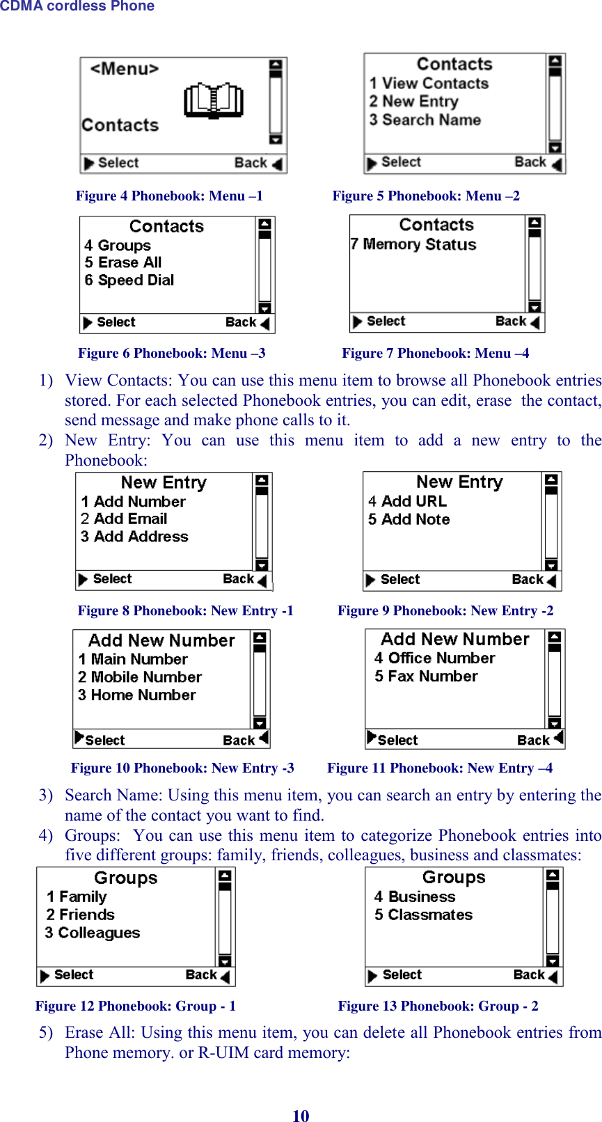 CDMA cordless Phone 10                                        Figure 4 Phonebook: Menu –1                   Figure 5 Phonebook: Menu –2                       Figure 6 Phonebook: Menu –3                     Figure 7 Phonebook: Menu –4 1) View Contacts: You can use this menu item to browse all Phonebook entries stored. For each selected Phonebook entries, you can edit, erase  the contact, send message and make phone calls to it.  2) New  Entry:  You  can  use  this  menu  item  to  add  a  new  entry  to  the Phonebook:                       Figure 8 Phonebook: New Entry -1            Figure 9 Phonebook: New Entry -2                            Figure 10 Phonebook: New Entry -3         Figure 11 Phonebook: New Entry –4 3) Search Name: Using this menu item, you can search an entry by entering the name of the contact you want to find. 4) Groups:   You can use this menu item to  categorize Phonebook  entries into five different groups: family, friends, colleagues, business and classmates:                                Figure 12 Phonebook: Group - 1                            Figure 13 Phonebook: Group - 2 5) Erase All: Using this menu item, you can delete all Phonebook entries from Phone memory. or R-UIM card memory: 