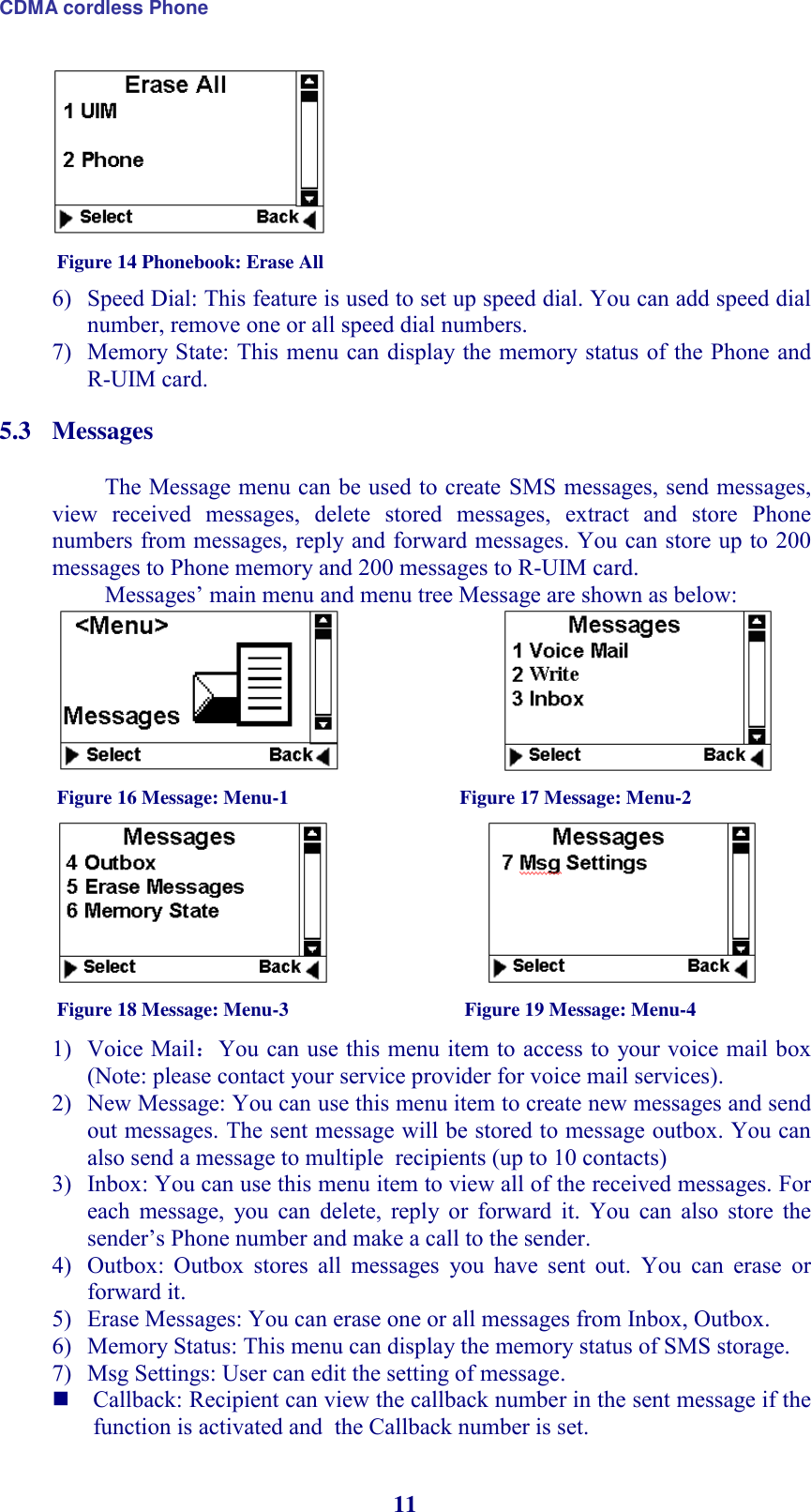 CDMA cordless Phone 11  Figure 14 Phonebook: Erase All 6) Speed Dial: This feature is used to set up speed dial. You can add speed dial number, remove one or all speed dial numbers.  7) Memory State: This menu can display the memory status of the Phone and R-UIM card. 5.3 Messages  The Message menu can be used to create SMS messages, send messages, view  received  messages,  delete  stored  messages,  extract  and  store  Phone numbers from messages, reply and forward messages. You can store up to 200 messages to Phone memory and 200 messages to R-UIM card. Messages’ main menu and menu tree Message are shown as below:                              Figure 16 Message: Menu-1                                   Figure 17 Message: Menu-2                                   Figure 18 Message: Menu-3                                    Figure 19 Message: Menu-4 1) Voice Mail：You can use this menu item to access to  your voice mail box (Note: please contact your service provider for voice mail services).  2) New Message: You can use this menu item to create new messages and send out messages. The sent message will be stored to message outbox. You can also send a message to multiple  recipients (up to 10 contacts) 3) Inbox: You can use this menu item to view all of the received messages. For each  message,  you  can  delete,  reply  or  forward  it.  You  can  also  store  the sender’s Phone number and make a call to the sender. 4) Outbox:  Outbox  stores  all  messages  you  have  sent  out.  You  can  erase  or forward it.  5) Erase Messages: You can erase one or all messages from Inbox, Outbox.  6) Memory Status: This menu can display the memory status of SMS storage. 7) Msg Settings: User can edit the setting of message.  Callback: Recipient can view the callback number in the sent message if the function is activated and  the Callback number is set.  