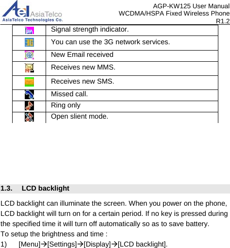 AGP-KW125 User Manual WCDMA/HSPA Fixed Wireless Phone R1.2 1.3. LCD backlight LCD backlight can illuminate the screen. When you power on the phone, LCD backlight will turn on for a certain period. If no key is pressed during the specified time it will turn off automatically so as to save battery.   To setup the brightness and time : 1) [Menu][Settings][Display][LCD backlight].   Signal strength indicator.  You can use the 3G network services.  New Email received  Receives new MMS.  Receives new SMS.  Missed call.  Ring only  Open slient mode. 