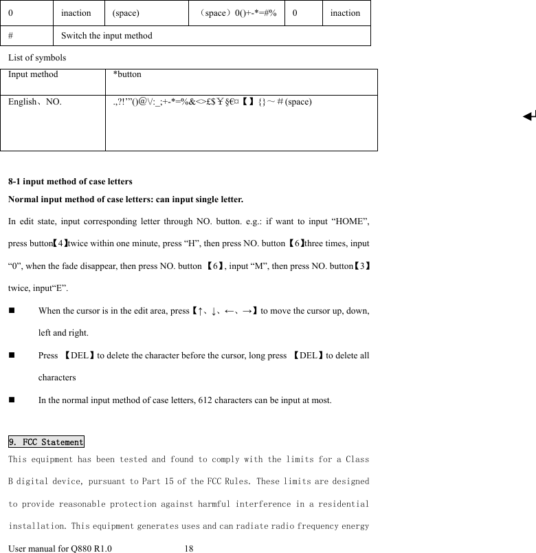  User manual for Q880 R1.0  18      0 inaction (space)  （space）0()+-*=#% 0 inaction #  Switch the input method List of symbols Input method  *button English、NO. .,?!’”()＠\/:_;+-*=%&amp;&lt;&gt;£$￥§€¤【】{}～＃(space)  8-1 input method of case letters Normal input method of case letters: can input single letter.   In edit state, input corresponding letter through NO. button. e.g.: if want to input “HOME”, press button【4】twice within one minute, press “H”, then press NO. button 【6】three times, input “0”, when the fade disappear, then press NO. button 【6】, input “M”, then press NO. button【3】twice, input“E”.      When the cursor is in the edit area, press【↑、↓、←、→】to move the cursor up, down, left and right.    Press  【DEL】to delete the character before the cursor, long press  【DEL】to delete all characters  In the normal input method of case letters, 612 characters can be input at most.  9. FCC Statement This equipment has been tested and found to comply with the limits for a Class B digital device, pursuant to Part 15 of the FCC Rules. These limits are designed to provide reasonable protection against harmful interference in a residential installation. This equipment generates uses and can radiate radio frequency energy 