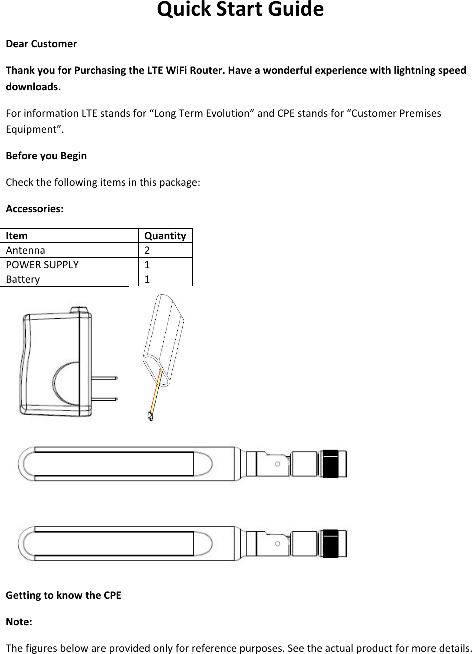 QuickStartGuideDearCustomerThankyouforPurchasingtheLTEWiFiRouter.Haveawonderfulexperiencewithlightningspeeddownloads.ForinformationLTEstandsfor“LongTermEvolution”andCPEstandsfor“CustomerPremisesEquipment”.BeforeyouBeginCheckthefollowingitemsinthispackage:Accessories:ItemQuantityAntenna2POWERSUPPLY1Battery1GettingtoknowtheCPENote:Thefiguresbelowareprovidedonlyforreferencepurposes.Seetheactualproductformoredetails.