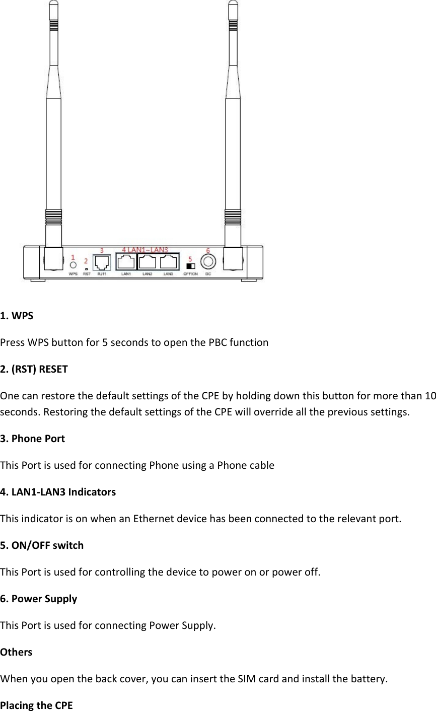 1.WPSPressWPSbuttonfor5secondstoopenthePBCfunction2.(RST)RESETOnecanrestorethedefaultsettingsoftheCPEbyholdingdownthisbuttonformorethan10seconds.RestoringthedefaultsettingsoftheCPEwilloverridealltheprevioussettings.3.PhonePortThisPortisusedforconnectingPhoneusingaPhonecable4.LAN1‐LAN3IndicatorsThisindicatorisonwhenanEthernetdevicehasbeenconnectedtotherelevantport.5.ON/OFFswitchThisPortisusedforcontrollingthedevicetopoweronorpoweroff.6.PowerSupplyThisPortisusedforconnectingPowerSupply.OthersWhenyouopenthebackcover,youcaninserttheSIMcardandinstallthebattery.PlacingtheCPE