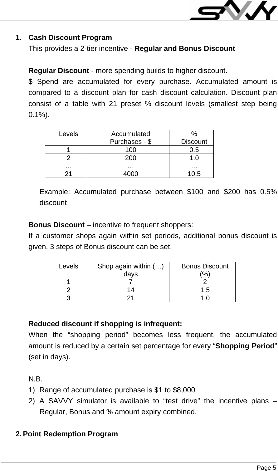                    Page 5   1. Cash Discount Program This provides a 2-tier incentive - Regular and Bonus Discount  Regular Discount - more spending builds to higher discount. $ Spend are accumulated for every purchase. Accumulated amount is compared to a discount plan for cash discount calculation. Discount plan consist of a table with 21 preset % discount levels (smallest step being 0.1%).       Example: Accumulated purchase between $100 and $200 has 0.5% discount  Bonus Discount – incentive to frequent shoppers: If a customer shops again within set periods, additional bonus discount is given. 3 steps of Bonus discount can be set.       Reduced discount if shopping is infrequent: When the “shopping period” becomes less frequent, the accumulated amount is reduced by a certain set percentage for every “Shopping Period” (set in days).  N.B. 1)  Range of accumulated purchase is $1 to $8,000 2) A SAVVY simulator is available to “test drive” the incentive plans – Regular, Bonus and % amount expiry combined.  2. Point Redemption Program Levels Accumulated Purchases - $  % Discount 1 100 0.5 2 200 1.0 … …  … 21 4000 10.5 Levels  Shop again within (…) days  Bonus Discount (%) 1 7  2 2 14  1.5 3 21  1.0 