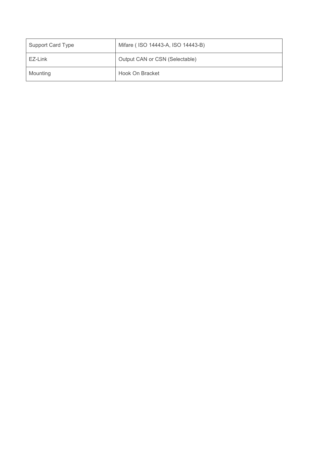  Support Card Type Mifare ( ISO 14443-A, ISO 14443-B) EZ-Link Output CAN or CSN (Selectable) Mounting Hook On Bracket                