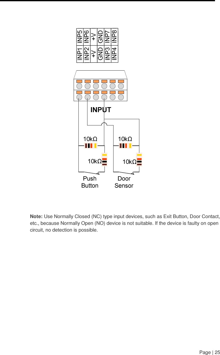     Page | 25       Note: Use Normally Closed (NC) type input devices, such as Exit Button, Door Contact, etc., because Normally Open (NO) device is not suitable. If the device is faulty on open circuit, no detection is possible. 