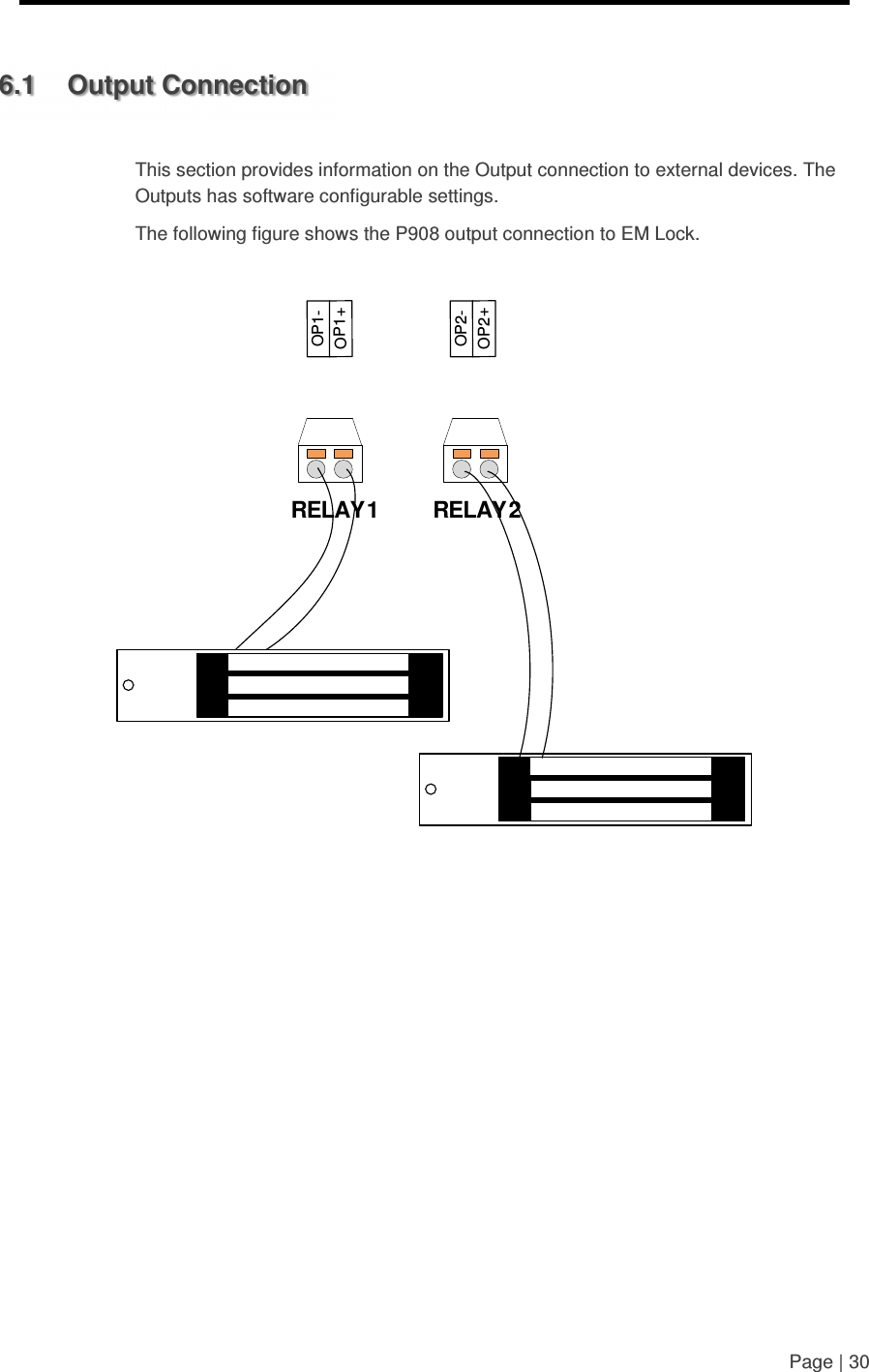     Page | 30   6.1  Output Connection  This section provides information on the Output connection to external devices. The Outputs has software configurable settings.  The following figure shows the P908 output connection to EM Lock.  RELAY1 RELAY2OP1-OP1+OP2-OP2+           