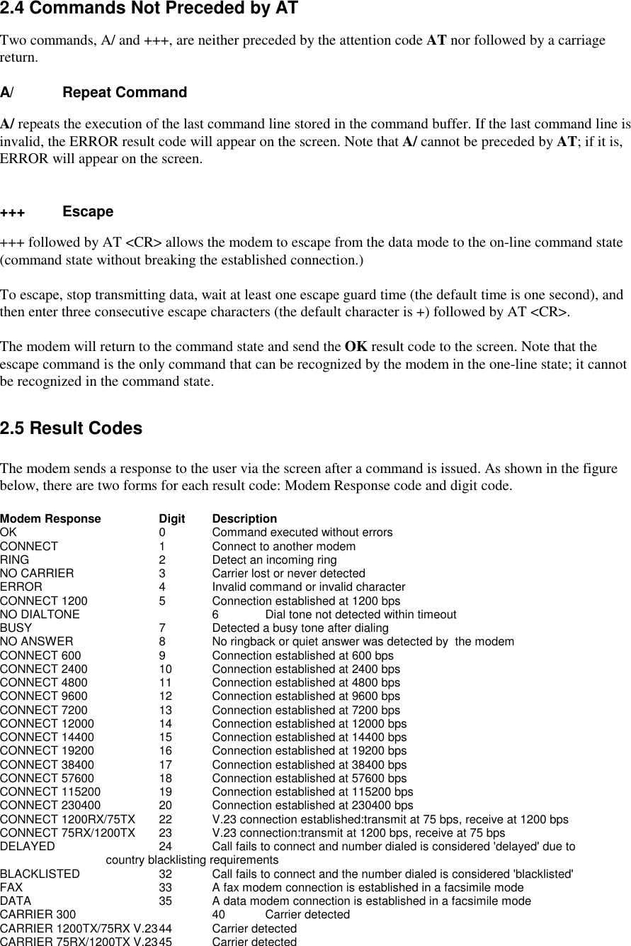 2.4 Commands Not Preceded by ATTwo commands, A/ and +++, are neither preceded by the attention code AT nor followed by a carriagereturn.A/    Repeat CommandA/ repeats the execution of the last command line stored in the command buffer. If the last command line isinvalid, the ERROR result code will appear on the screen. Note that A/ cannot be preceded by AT; if it is,ERROR will appear on the screen.+++   Escape+++ followed by AT &lt;CR&gt; allows the modem to escape from the data mode to the on-line command state(command state without breaking the established connection.)To escape, stop transmitting data, wait at least one escape guard time (the default time is one second), andthen enter three consecutive escape characters (the default character is +) followed by AT &lt;CR&gt;.The modem will return to the command state and send the OK result code to the screen. Note that theescape command is the only command that can be recognized by the modem in the one-line state; it cannotbe recognized in the command state.2.5 Result CodesThe modem sends a response to the user via the screen after a command is issued. As shown in the figurebelow, there are two forms for each result code: Modem Response code and digit code. Modem Response              Digit    Description  OK                       0        Command executed without errorsCONNECT                  1        Connect to another modemRING                 2        Detect an incoming ringNO CARRIER            3        Carrier lost or never detectedERROR                4        Invalid command or invalid characterCONNECT 1200         5        Connection established at 1200 bpsNO DIALTONE          6        Dial tone not detected within timeoutBUSY                 7        Detected a busy tone after dialingNO ANSWER            8        No ringback or quiet answer was detected by  the modemCONNECT 600           9        Connection established at 600 bpsCONNECT 2400         10       Connection established at 2400 bpsCONNECT 4800         11       Connection established at 4800 bpsCONNECT 9600         12       Connection established at 9600 bpsCONNECT 7200         13       Connection established at 7200 bpsCONNECT 12000        14       Connection established at 12000 bpsCONNECT 14400        15       Connection established at 14400 bpsCONNECT 19200        16    Connection established at 19200 bps                    CONNECT 38400 17       Connection established at 38400 bpsCONNECT 57600        18       Connection established at 57600 bpsCONNECT 115200       19       Connection established at 115200 bpsCONNECT 230400 20 Connection established at 230400 bpsCONNECT 1200RX/75TX  22       V.23 connection established:transmit at 75 bps, receive at 1200 bpsCONNECT 75RX/1200TX  23       V.23 connection:transmit at 1200 bps, receive at 75 bpsDELAYED              24       Call fails to connect and number dialed is considered &apos;delayed&apos; due to country blacklisting requirementsBLACKLISTED          32       Call fails to connect and the number dialed is considered &apos;blacklisted&apos;FAX                  33       A fax modem connection is established in a facsimile modeDATA                 35       A data modem connection is established in a facsimile modeCARRIER 300          40       Carrier detectedCARRIER 1200TX/75RX V.2344       Carrier detectedCARRIER 75RX/1200TX V.2345       Carrier detected