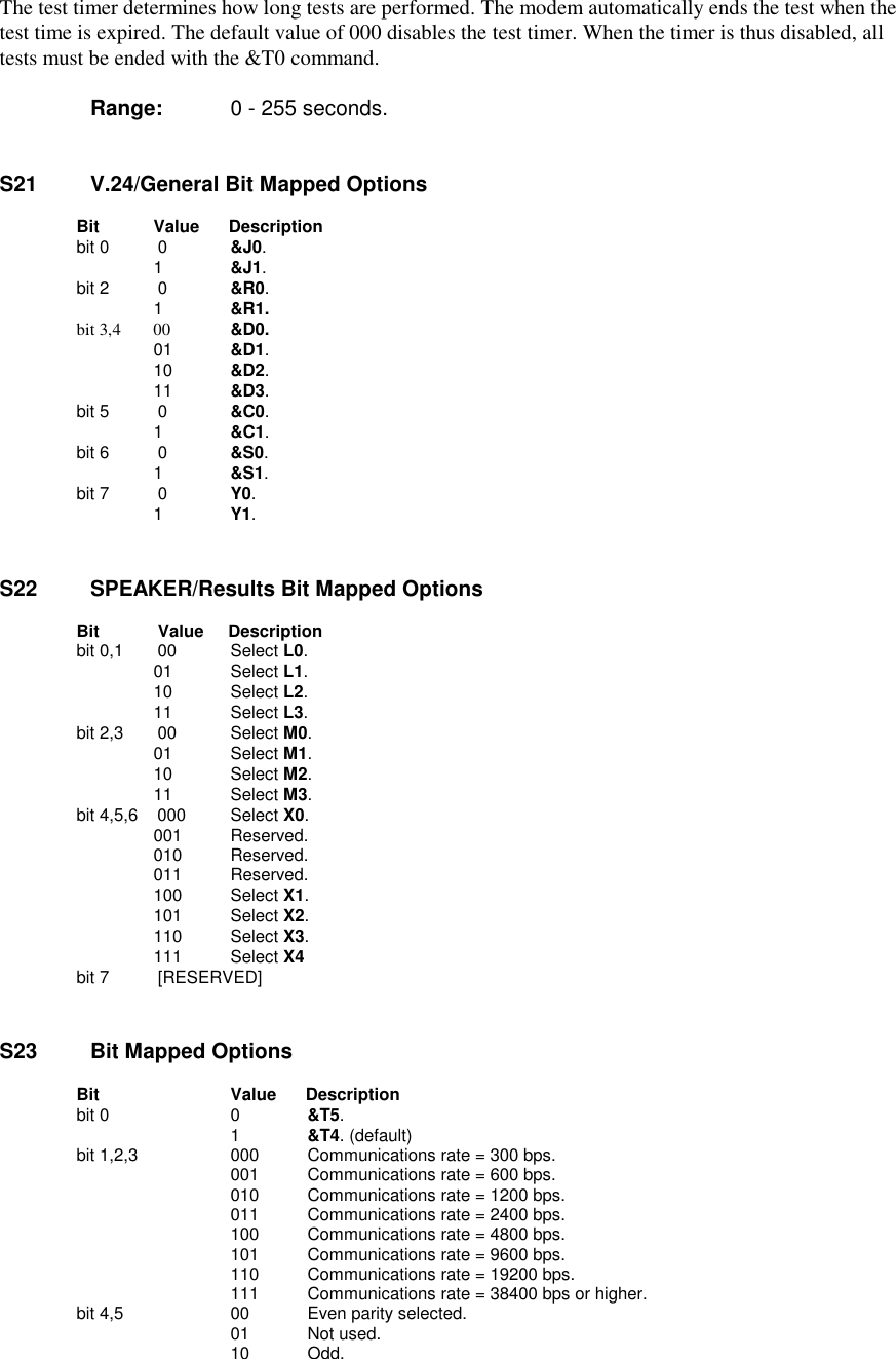 The test timer determines how long tests are performed. The modem automatically ends the test when thetest time is expired. The default value of 000 disables the test timer. When the timer is thus disabled, alltests must be ended with the &amp;T0 command.Range:  0 - 255 seconds.S21    V.24/General Bit Mapped Options     Bit           Value      Description     bit 0          0          &amp;J0.                    1          &amp;J1.     bit 2          0          &amp;R0.                    1          &amp;R1.     bit 3,4     00          &amp;D0.                   01          &amp;D1.                   10          &amp;D2.                   11          &amp;D3.     bit 5          0          &amp;C0.                    1          &amp;C1.     bit 6          0          &amp;S0.  1          &amp;S1.bit 7          0         Y0.                     1         Y1.S22    SPEAKER/Results Bit Mapped OptionsBit            Value     Description       bit 0,1       00         Select L0.                           01         Select L1.                           10         Select L2.                           11         Select L3.       bit 2,3       00         Select M0.                           01         Select M1.                         10         Select M2.                           11         Select M3.      bit 4,5,6    000         Select X0.                          001         Reserved.                          010         Reserved.                          011         Reserved.                          100         Select X1.                          101         Select X2.                          110         Select X3.                          111         Select X4      bit 7          [RESERVED]S23    Bit Mapped OptionsBit            Value      Description     bit 0            0          &amp;T5.                     1          &amp;T4. (default)     bit 1,2,3      000          Communications rate = 300 bps.                   001          Communications rate = 600 bps.                   010          Communications rate = 1200 bps.                   011          Communications rate = 2400 bps.                   100          Communications rate = 4800 bps.                   101          Communications rate = 9600 bps.110          Communications rate = 19200 bps.                   111          Communications rate = 38400 bps or higher.     bit 4,5         00          Even parity selected.                    01          Not used.                    10          Odd.