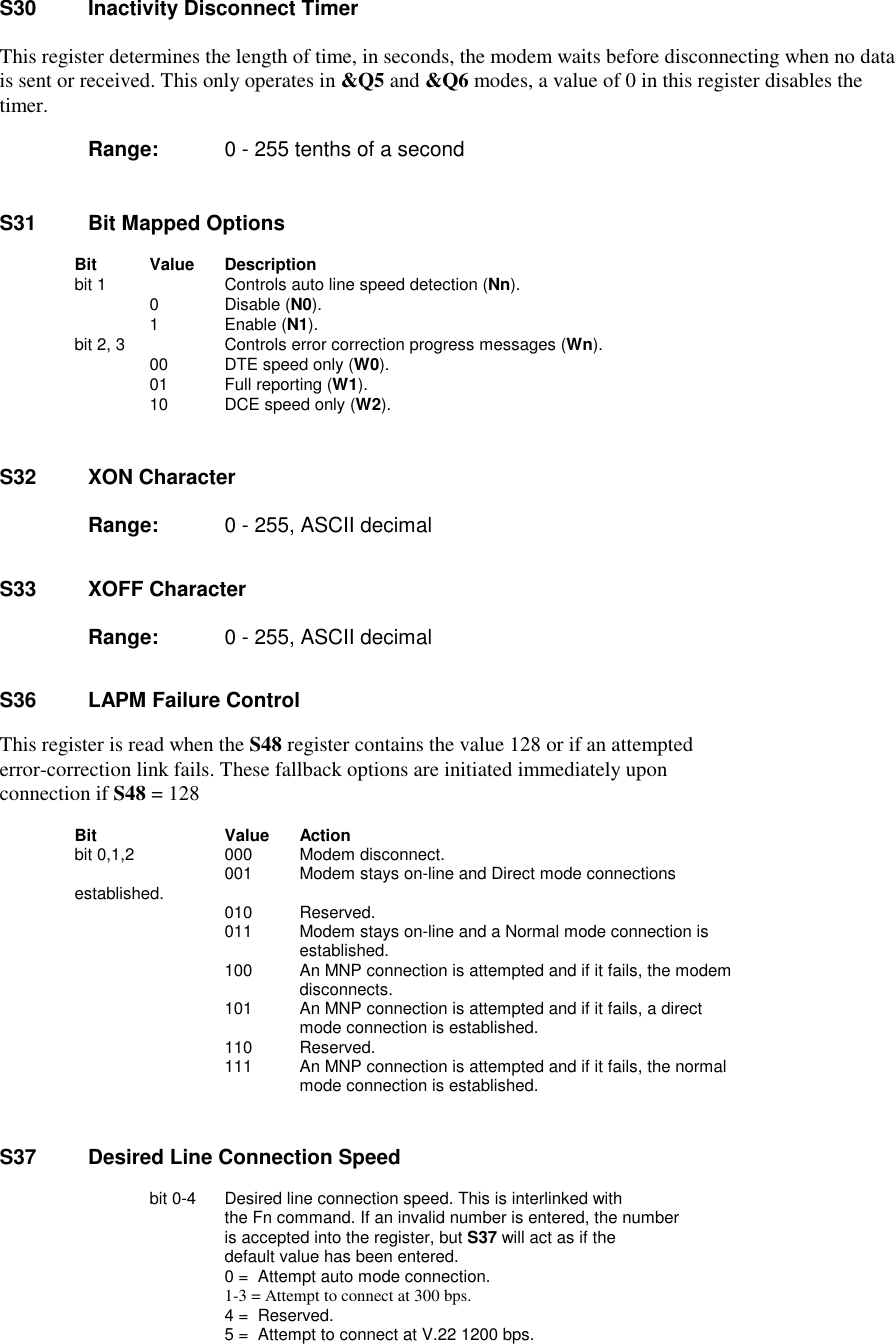 S30    Inactivity Disconnect TimerThis register determines the length of time, in seconds, the modem waits before disconnecting when no datais sent or received. This only operates in &amp;Q5 and &amp;Q6 modes, a value of 0 in this register disables thetimer.      Range:  0 - 255 tenths of a secondS31    Bit Mapped OptionsBit  Value     Description            bit 1          Controls auto line speed detection (Nn).         0            Disable (N0).             1            Enable (N1).            bit 2, 3        Controls error correction progress messages (Wn).             00           DTE speed only (W0).             01           Full reporting (W1).10           DCE speed only (W2).S32    XON Character       Range:  0 - 255, ASCII decimalS33    XOFF Character       Range:  0 - 255, ASCII decimalS36    LAPM Failure Control                          This register is read when the S48 register contains the value 128 or if an attemptederror-correction link fails. These fallback options are initiated immediately uponconnection if S48 = 128 Bit        Value     Action    bit 0,1,2     000      Modem disconnect.                 001      Modem stays on-line and Direct mode connections established.         010      Reserved.                 011      Modem stays on-line and a Normal mode connection is                         established.                 100      An MNP connection is attempted and if it fails, the modemdisconnects.                 101      An MNP connection is attempted and if it fails, a directmode connection is established.                 110      Reserved.             111      An MNP connection is attempted and if it fails, the normalmode connection is established.S37     Desired Line Connection Speed        bit 0-4   Desired line connection speed. This is interlinked with                  the Fn command. If an invalid number is entered, the number                  is accepted into the register, but S37 will act as if the                  default value has been entered.         0 =  Attempt auto mode connection.        1-3 = Attempt to connect at 300 bps.         4 =  Reserved.         5 =  Attempt to connect at V.22 1200 bps.