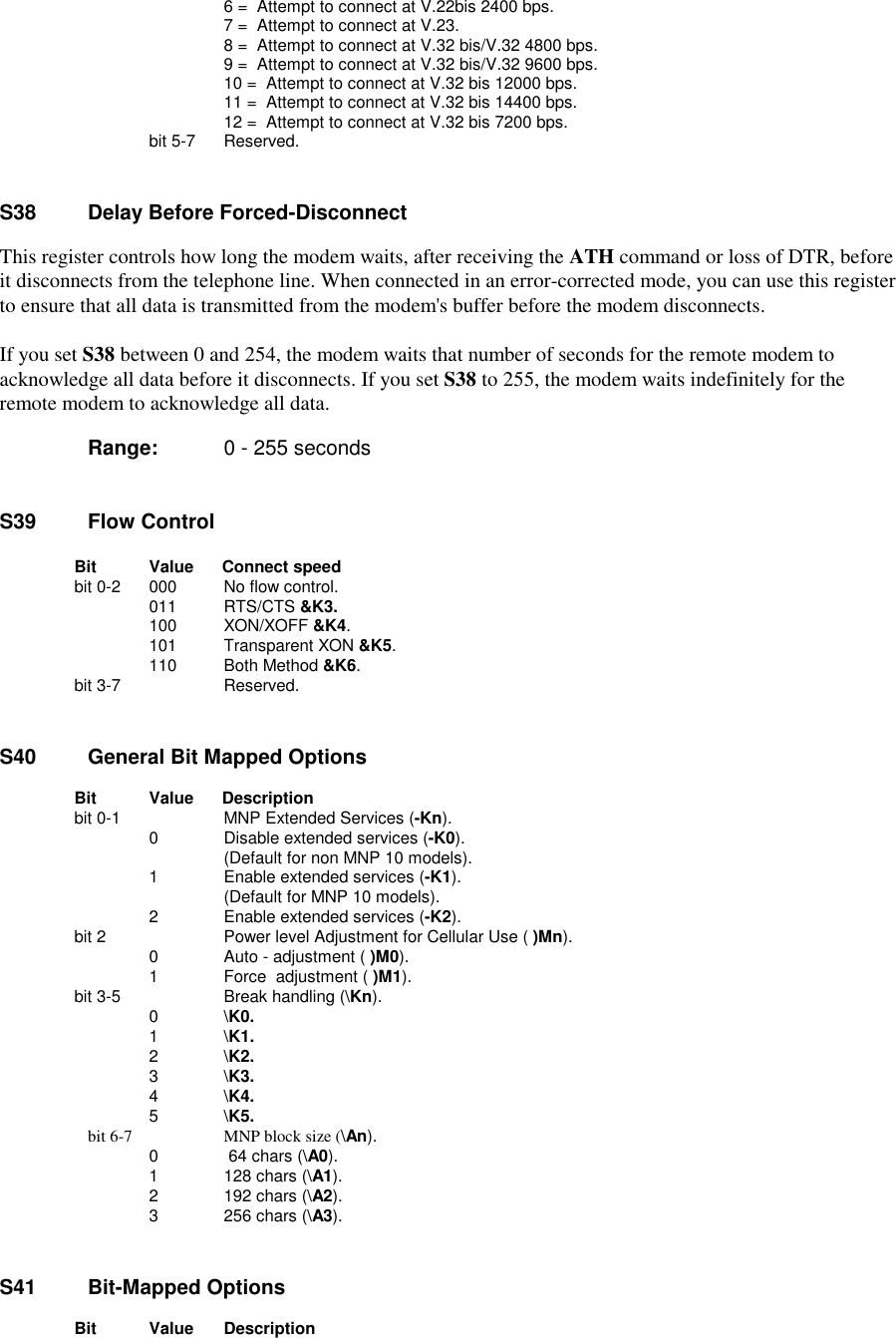          6 =  Attempt to connect at V.22bis 2400 bps.         7 =  Attempt to connect at V.23.         8 =  Attempt to connect at V.32 bis/V.32 4800 bps.         9 =  Attempt to connect at V.32 bis/V.32 9600 bps.        10 =  Attempt to connect at V.32 bis 12000 bps.        11 =  Attempt to connect at V.32 bis 14400 bps.        12 =  Attempt to connect at V.32 bis 7200 bps.       bit 5-7   Reserved.S38    Delay Before Forced-DisconnectThis register controls how long the modem waits, after receiving the ATH command or loss of DTR, beforeit disconnects from the telephone line. When connected in an error-corrected mode, you can use this registerto ensure that all data is transmitted from the modem&apos;s buffer before the modem disconnects.If you set S38 between 0 and 254, the modem waits that number of seconds for the remote modem toacknowledge all data before it disconnects. If you set S38 to 255, the modem waits indefinitely for theremote modem to acknowledge all data.       Range:  0 - 255 secondsS39    Flow Control      Bit Value      Connect speed       bit 0-2      000      No flow control.                    011      RTS/CTS &amp;K3.                    100      XON/XOFF &amp;K4.                    101      Transparent XON &amp;K5.                    110      Both Method &amp;K6.       bit 3-7       Reserved.S40    General Bit Mapped Options                                  Bit           Value      Description       bit 0-1                   MNP Extended Services (-Kn).                      0          Disable extended services (-K0).                              (Default for non MNP 10 models).                      1          Enable extended services (-K1).                                (Default for MNP 10 models).                      2          Enable extended services (-K2).       bit 2           Power level Adjustment for Cellular Use ( )Mn).                      0          Auto - adjustment ( )M0).                      1          Force  adjustment ( )M1).bit 3-5 Break handling (\Kn).0  \K0.1  \K1.2  \K2.3  \K3.4  \K4.5\K5.bit 6-7 MNP block size (\An).0  64 chars (\A0).1  128 chars (\A1).2  192 chars (\A2).3  256 chars (\A3).S41    Bit-Mapped Options       Bit        Value      Description