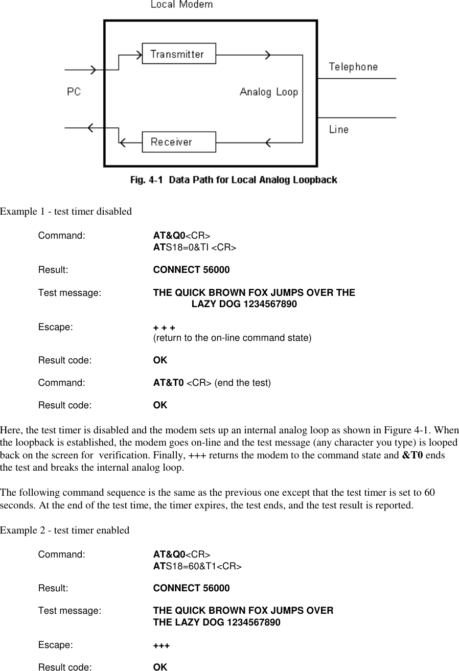 Example 1 - test timer disabledCommand:     AT&amp;Q0&lt;CR&gt;             ATS18=0&amp;TI &lt;CR&gt;Result:      CONNECT 56000Test message:   THE QUICK BROWN FOX JUMPS OVER THE                LAZY DOG 1234567890Escape:         + + +               (return to the on-line command state)Result code:     OKCommand:      AT&amp;T0 &lt;CR&gt; (end the test)Result code:     OKHere, the test timer is disabled and the modem sets up an internal analog loop as shown in Figure 4-1. Whenthe loopback is established, the modem goes on-line and the test message (any character you type) is loopedback on the screen for  verification. Finally, +++ returns the modem to the command state and &amp;T0 endsthe test and breaks the internal analog loop.The following command sequence is the same as the previous one except that the test timer is set to 60seconds. At the end of the test time, the timer expires, the test ends, and the test result is reported.Example 2 - test timer enabledCommand:     AT&amp;Q0&lt;CR&gt;             ATS18=60&amp;T1&lt;CR&gt;Result:      CONNECT 56000Test message:  THE QUICK BROWN FOX JUMPS OVER               THE LAZY DOG 1234567890Escape:        +++Result code: OK