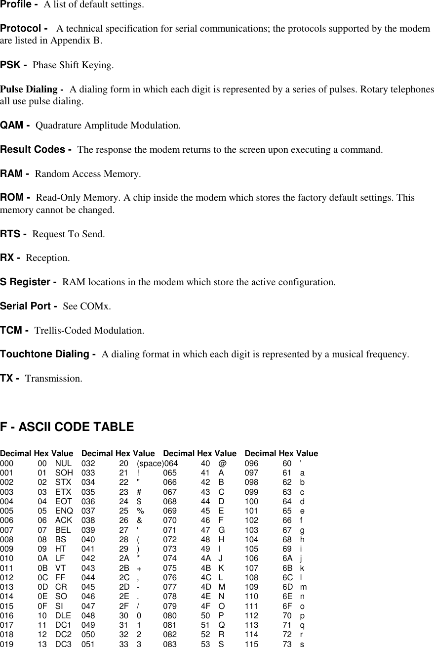 Profile -  A list of default settings.Protocol -   A technical specification for serial communications; the protocols supported by the modemare listed in Appendix B.PSK -  Phase Shift Keying.Pulse Dialing -  A dialing form in which each digit is represented by a series of pulses. Rotary telephonesall use pulse dialing.QAM -  Quadrature Amplitude Modulation.Result Codes -  The response the modem returns to the screen upon executing a command.RAM -  Random Access Memory.ROM -  Read-Only Memory. A chip inside the modem which stores the factory default settings. Thismemory cannot be changed.RTS -  Request To Send.RX -  Reception.S Register -  RAM locations in the modem which store the active configuration.Serial Port -  See COMx.TCM -  Trellis-Coded Modulation.Touchtone Dialing -  A dialing format in which each digit is represented by a musical frequency.TX -  Transmission.F - ASCII CODE TABLEDecimal Hex Value Decimal Hex Value Decimal Hex Value Decimal Hex Value000 00 NUL 032 20 (space)064 40 @ 096 60 &apos;001 01 SOH 033 21 ! 065 41 A 097 61 a002 02 STX 034 22 &quot; 066 42 B 098 62 b003 03 ETX 035 23 # 067 43 C 099 63 c004 04 EOT 036 24 $ 068 44 D 100 64 d005 05 ENQ 037 25 % 069 45 E 101 65 e006 06 ACK 038 26 &amp; 070 46 F 102 66 f007 07 BEL 039 27 &apos; 071 47 G 103 67 g008 08 BS 040 28 ( 072 48 H 104 68 h009 09 HT 041 29 ) 073 49 I 105 69 i010 0A LF 042 2A * 074 4A J 106 6A j011 0B VT 043 2B + 075 4B K 107 6B k012 0C FF 044 2C , 076 4C L 108 6C l013 0D CR 045 2D - 077 4D M 109 6D m014 0E SO 046 2E . 078 4E N 110 6E n015 0F SI 047 2F / 079 4F O 111 6F o016 10 DLE 048 30 0 080 50 P 112 70 p017 11 DC1 049 31 1 081 51 Q 113 71 q018 12 DC2 050 32 2 082 52 R 114 72 r019 13 DC3 051 33 3 083 53 S 115 73 s