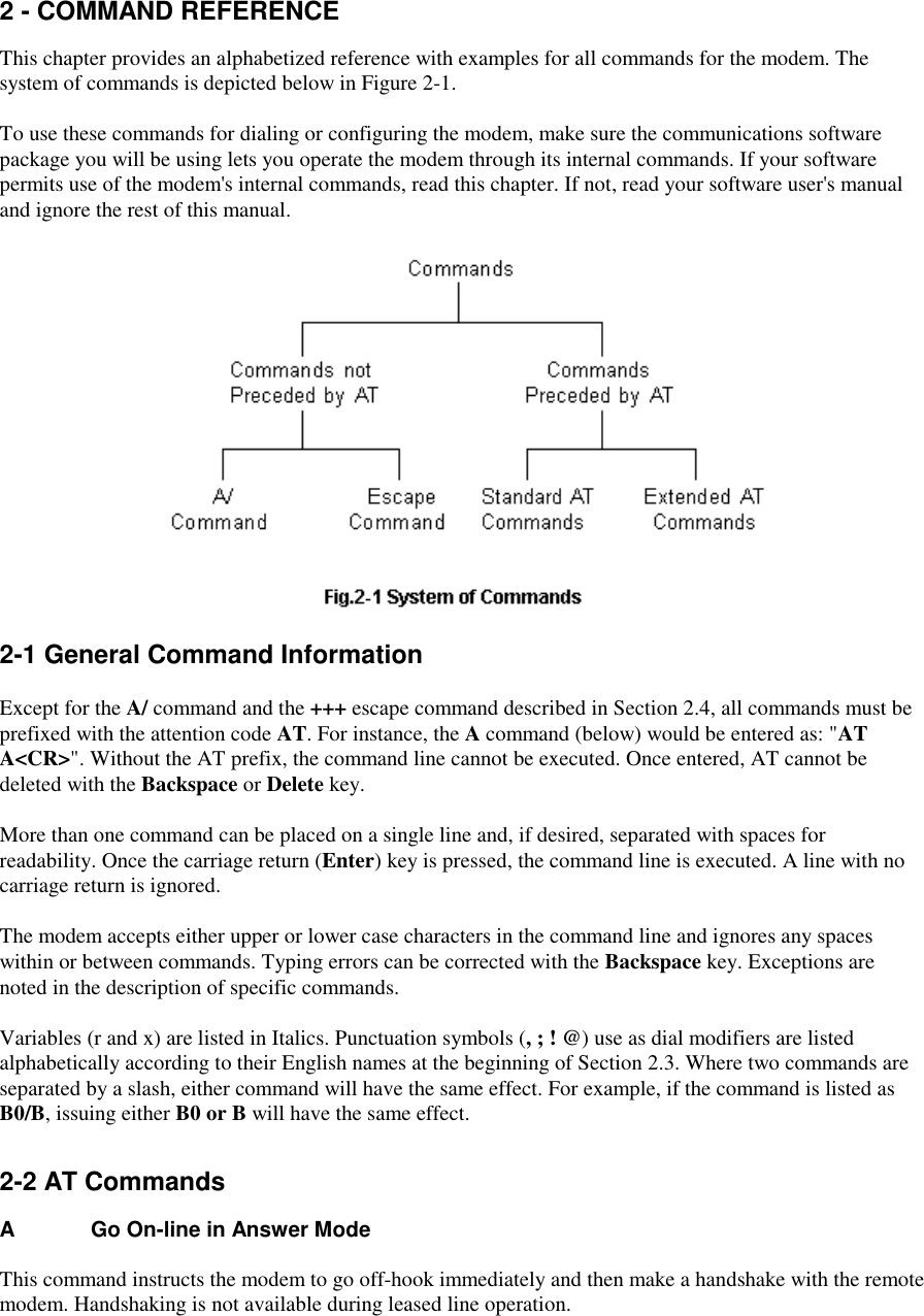 2 - COMMAND REFERENCEThis chapter provides an alphabetized reference with examples for all commands for the modem. Thesystem of commands is depicted below in Figure 2-1.To use these commands for dialing or configuring the modem, make sure the communications softwarepackage you will be using lets you operate the modem through its internal commands. If your softwarepermits use of the modem&apos;s internal commands, read this chapter. If not, read your software user&apos;s manualand ignore the rest of this manual.2-1 General Command InformationExcept for the A/ command and the +++ escape command described in Section 2.4, all commands must beprefixed with the attention code AT. For instance, the A command (below) would be entered as: &quot;ATA&lt;CR&gt;&quot;. Without the AT prefix, the command line cannot be executed. Once entered, AT cannot bedeleted with the Backspace or Delete key.More than one command can be placed on a single line and, if desired, separated with spaces forreadability. Once the carriage return (Enter) key is pressed, the command line is executed. A line with nocarriage return is ignored.The modem accepts either upper or lower case characters in the command line and ignores any spaceswithin or between commands. Typing errors can be corrected with the Backspace key. Exceptions arenoted in the description of specific commands.Variables (r and x) are listed in Italics. Punctuation symbols (, ; ! @) use as dial modifiers are listedalphabetically according to their English names at the beginning of Section 2.3. Where two commands areseparated by a slash, either command will have the same effect. For example, if the command is listed asB0/B, issuing either B0 or B will have the same effect.2-2 AT CommandsA        Go On-line in Answer ModeThis command instructs the modem to go off-hook immediately and then make a handshake with the remotemodem. Handshaking is not available during leased line operation.