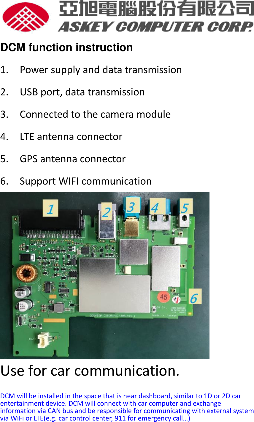  DCM function instruction 1.    Power supply and data transmission 2.    USB port, data transmission 3.    Connected to the camera module 4.    LTE antenna connector 5.    GPS antenna connector 6.    Support WIFI communication  Use for car communication.    DCM will be installed in the space that is near dashboard, similar to 1D or 2D car entertainment device. DCM will connect with car computer and exchange information via CAN bus and be responsible for communicating with external system via WiFi or LTE(e.g. car control center, 911 for emergency call…)  