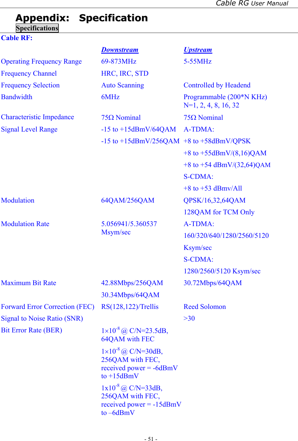 Cable RG User Manual - 51 -   AAppppeennddiixx::    SSppeecciiffiiccaattiioonn  Specifications Cable RF:  Downstream Upstream Operating Frequency Range  69-873MHz  5-55MHz Frequency Channel  HRC, IRC, STD   Frequency Selection  Auto Scanning  Controlled by Headend Bandwidth  6MHz  Programmable (200*N KHz) N=1, 2, 4, 8, 16, 32 Characteristic Impedance  75Ω Nominal  75Ω Nominal Signal Level Range  -15 to +15dBmV/64QAM -15 to +15dBmV/256QAM A-TDMA: +8 to +58dBmV/QPSK +8 to +55dBmV/(8,16)QAM +8 to +54 dBmV/(32,64)QAM S-CDMA: +8 to +53 dBmv/All Modulation 64QAM/256QAM QPSK/16,32,64QAM 128QAM for TCM Only Modulation Rate  5.056941/5.360537 Msym/sec A-TDMA: 160/320/640/1280/2560/5120 Ksym/sec S-CDMA: 1280/2560/5120 Ksym/sec Maximum Bit Rate  42.88Mbps/256QAM 30.34Mbps/64QAM 30.72Mbps/64QAM Forward Error Correction (FEC)  RS(128,122)/Trellis  Reed Solomon Signal to Noise Ratio (SNR)    &gt;30 Bit Error Rate (BER)  1×10-8 @ C/N=23.5dB, 64QAM with FEC 1×10-8 @ C/N=30dB, 256QAM with FEC, received power = -6dBmV to +15dBmV 1x10-8 @ C/N=33dB, 256QAM with FEC, received power = -15dBmV to –6dBmV   