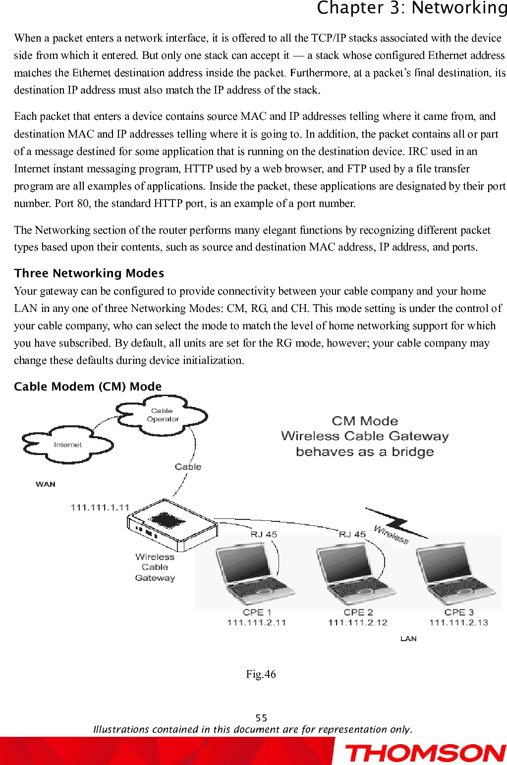 Chapter 3:NetworkingIllustrations contained in this document are for representation only.55When a packet enters a network interface, it is offered to all the TCP/IP stacks associated with the device side from which it entered. But only one stack can accept it  a stack whose configured Ethernet address madestination IP address must also match the IP address of the stack.Each packet that enters a device contains source MAC and IP addresses telling where it came from, and destination MAC and IP addresses telling where it is going to. In addition, the packet contains all or part of a message destined for some application that is running on the destination device. IRC used in an Internet instant messaging program, HTTP used by a web browser, and FTP used by a file transfer program are all examples of applications. Inside the packet, these applications are designated by their port number. Port 80, the standard HTTP port, is an example of a port number.TheNetworking section of the router performs many elegant functions by recognizing different packet types based upon their contents, such as source and destination MAC address, IP address, and ports.Three Networking ModesYour gateway can be configured to provide connectivity between your cable company and your home LAN in any one of three Networking Modes: CM, RG, and CH. This mode setting is under the control of your cable company, who can select the mode to match the level of home networking support for which you have subscribed. By default, all units areset for the RG mode,however;yourcable company may change these defaults during device initialization.Cable Modem (CM) ModeFig.46