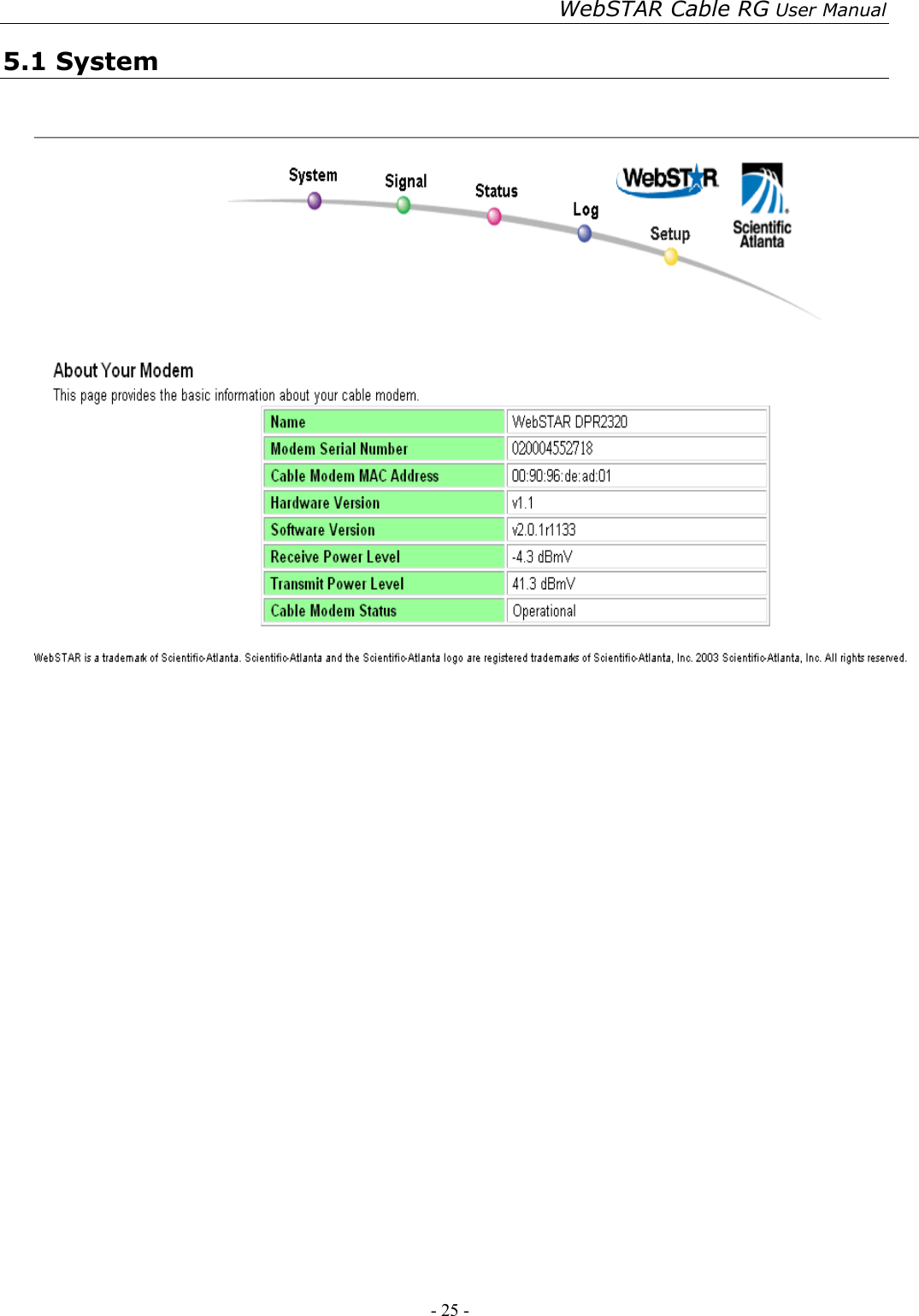 WebSTAR Cable RG User Manual - 25 -   5.1 System     