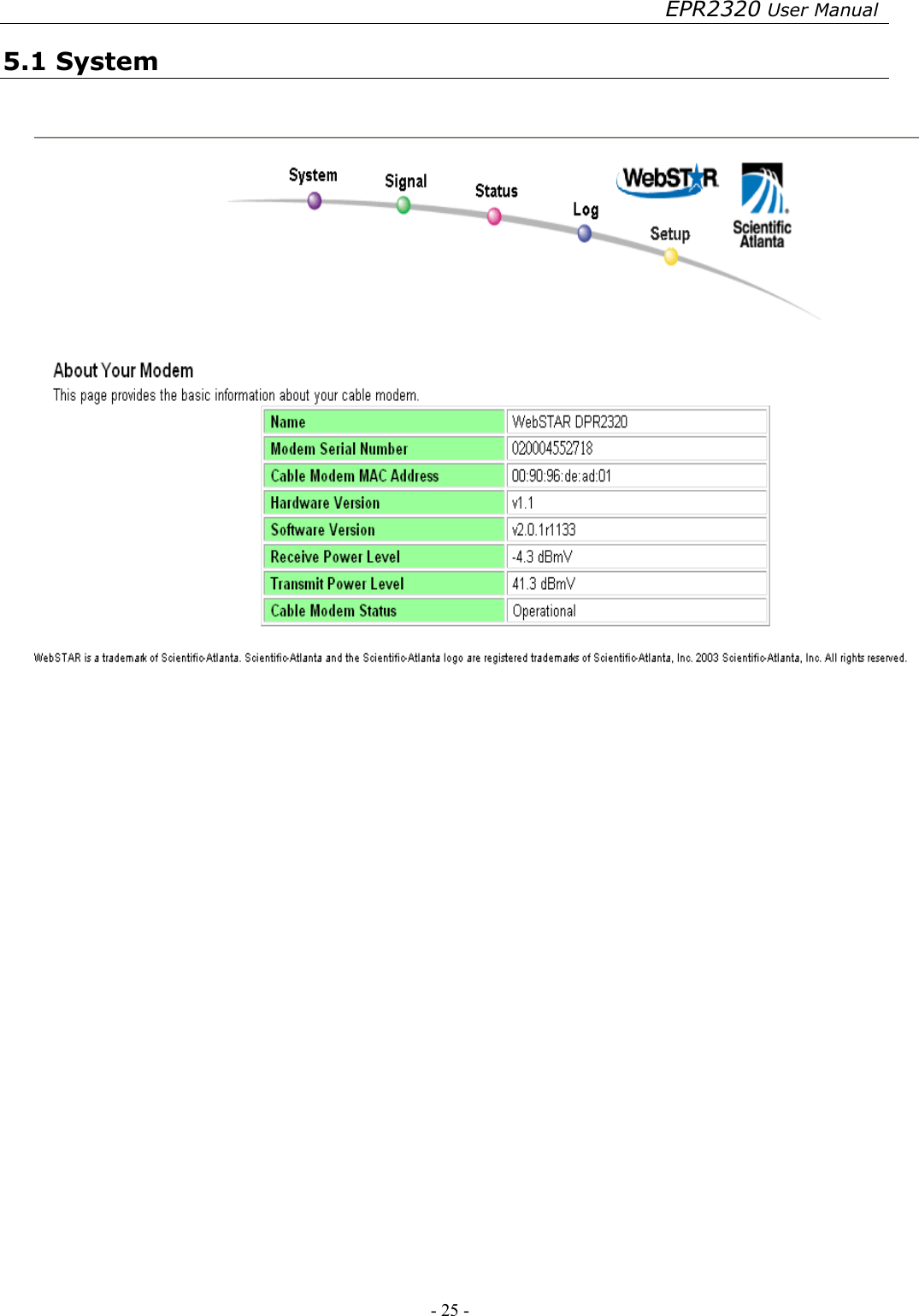 EPR2320 User Manual - 25 -   5.1 System     