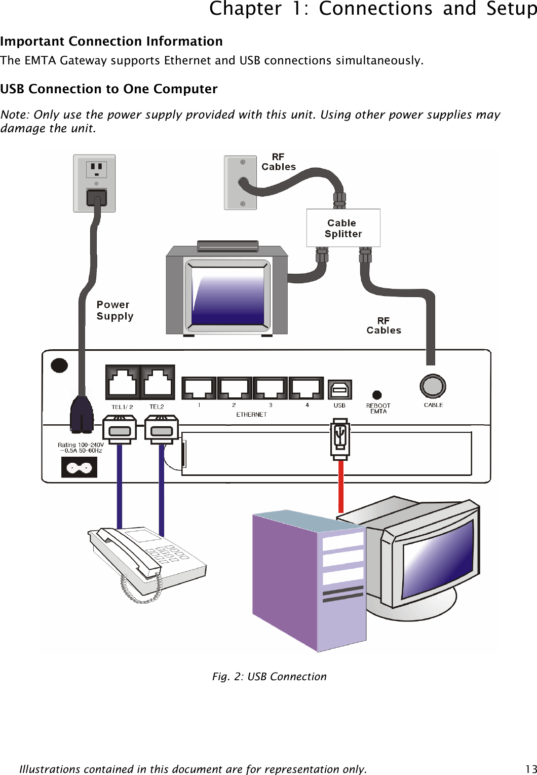 Chapter 1: Connections and Setup Illustrations contained in this document are for representation only.  13Important Connection Information The EMTA Gateway supports Ethernet and USB connections simultaneously. USB Connection to One Computer Note: Only use the power supply provided with this unit. Using other power supplies may damage the unit.  Fig. 2: USB Connection  