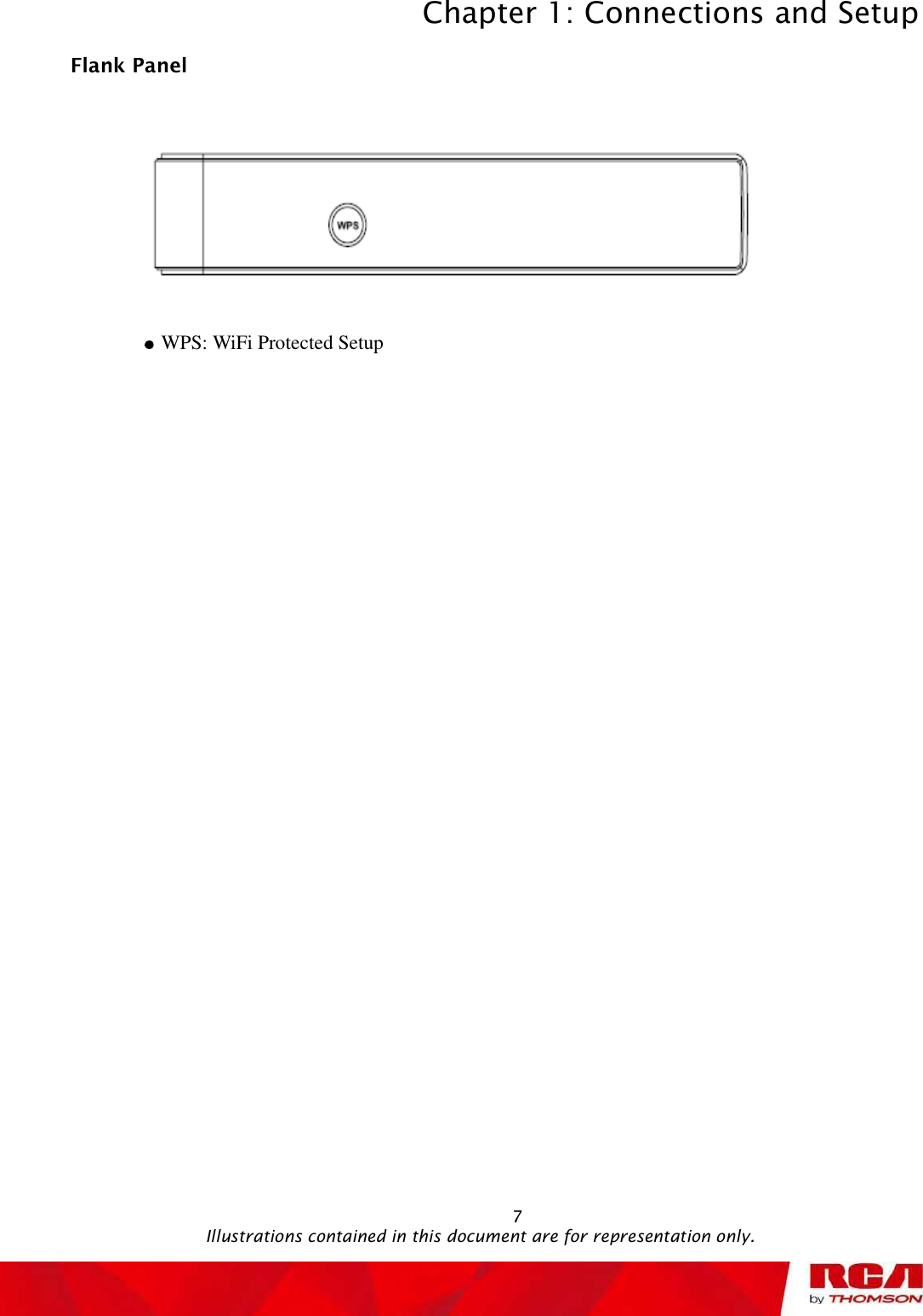 Chapter 1: Connections and Setup 7Flank Panel WPS: WiFi Protected Setup                                                 Illustrations contained in this document are for representation only.