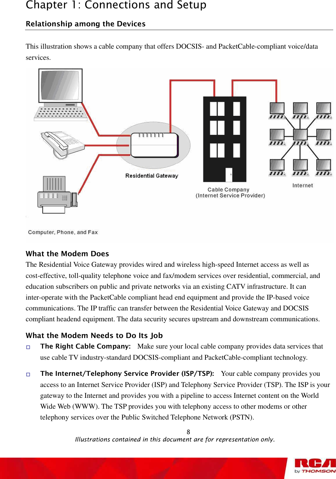 Chapter 1: Connections and Setup Relationship among the DevicesThis illustration shows a cable company that offers DOCSIS- and PacketCable-compliant voice/data services.What the Modem Does The Residential Voice Gateway provides wired and wireless high-speed Internet access as well as cost-effective, toll-quality telephone voice and fax/modem services over residential, commercial, and education subscribers on public and private networks via an existing CATV infrastructure. It can inter-operate with the PacketCable compliant head end equipment and provide the IP-based voice communications. The IP traffic can transfer between the Residential Voice Gateway and DOCSIS compliant headend equipment. The data security secures upstream and downstream communications. What the Modem Needs to Do Its Job The Right Cable Company: Make sure your local cable company provides data services that use cable TV industry-standard DOCSIS-compliant and PacketCable-compliant technology. The Internet/Telephony Service Provider (ISP/TSP): Your cable company provides you access to an Internet Service Provider (ISP) and Telephony Service Provider (TSP). The ISP is your gateway to the Internet and provides you with a pipeline to access Internet content on the World Wide Web (WWW). The TSP provides you with telephony access to other modems or other telephony services over the Public Switched Telephone Network (PSTN).                                                            8                                               Illustrations contained in this document are for representation only.