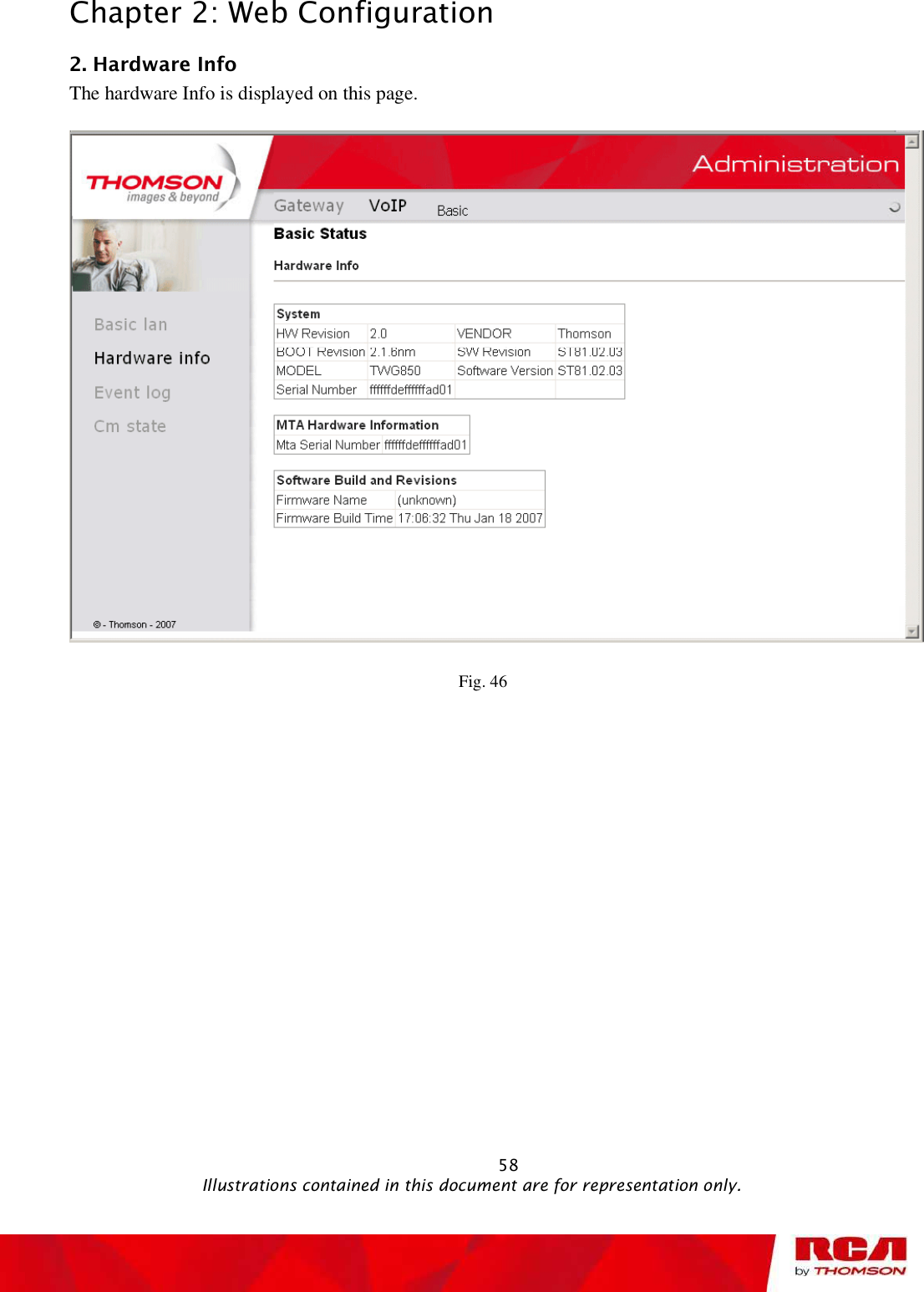 Chapter 2: Web Configuration 2. Hardware Info The hardware Info is displayed on this page. Fig. 46                                                            58                                              Illustrations contained in this document are for representation only.