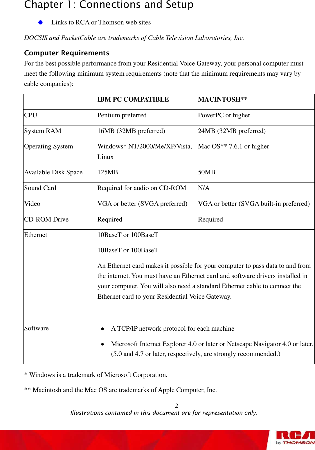 Chapter 1: Connections and Setup Links to RCA or Thomson web sites DOCSIS and PacketCable are trademarks of Cable Television Laboratories, Inc. Computer Requirements For the best possible performance from your Residential Voice Gateway, your personal computer must meet the following minimum system requirements (note that the minimum requirements may vary by cable companies): IBM PC COMPATIBLE  MACINTOSH** CPU Pentium preferred  PowerPC or higher System RAM  16MB (32MB preferred)  24MB (32MB preferred) Operating System  Windows* NT/2000/Me/XP/Vista, LinuxMac OS** 7.6.1 or higher Available Disk Space  125MB 50MBSound Card  Required for audio on CD-ROM  N/AVideo  VGA or better (SVGA preferred)  VGA or better (SVGA built-in preferred)CD-ROM Drive  Required RequiredEthernet 10BaseT or 100BaseT 10BaseT or 100BaseT An Ethernet card makes it possible for your computer to pass data to and from the internet. You must have an Ethernet card and software drivers installed in your computer. You will also need a standard Ethernet cable to connect the Ethernet card to your Residential Voice Gateway. Software A TCP/IP network protocol for each machine Microsoft Internet Explorer 4.0 or later or Netscape Navigator 4.0 or later. (5.0 and 4.7 or later, respectively, are strongly recommended.) * Windows is a trademark of Microsoft Corporation. ** Macintosh and the Mac OS are trademarks of Apple Computer, Inc.                                                            2                                               Illustrations contained in this document are for representation only.