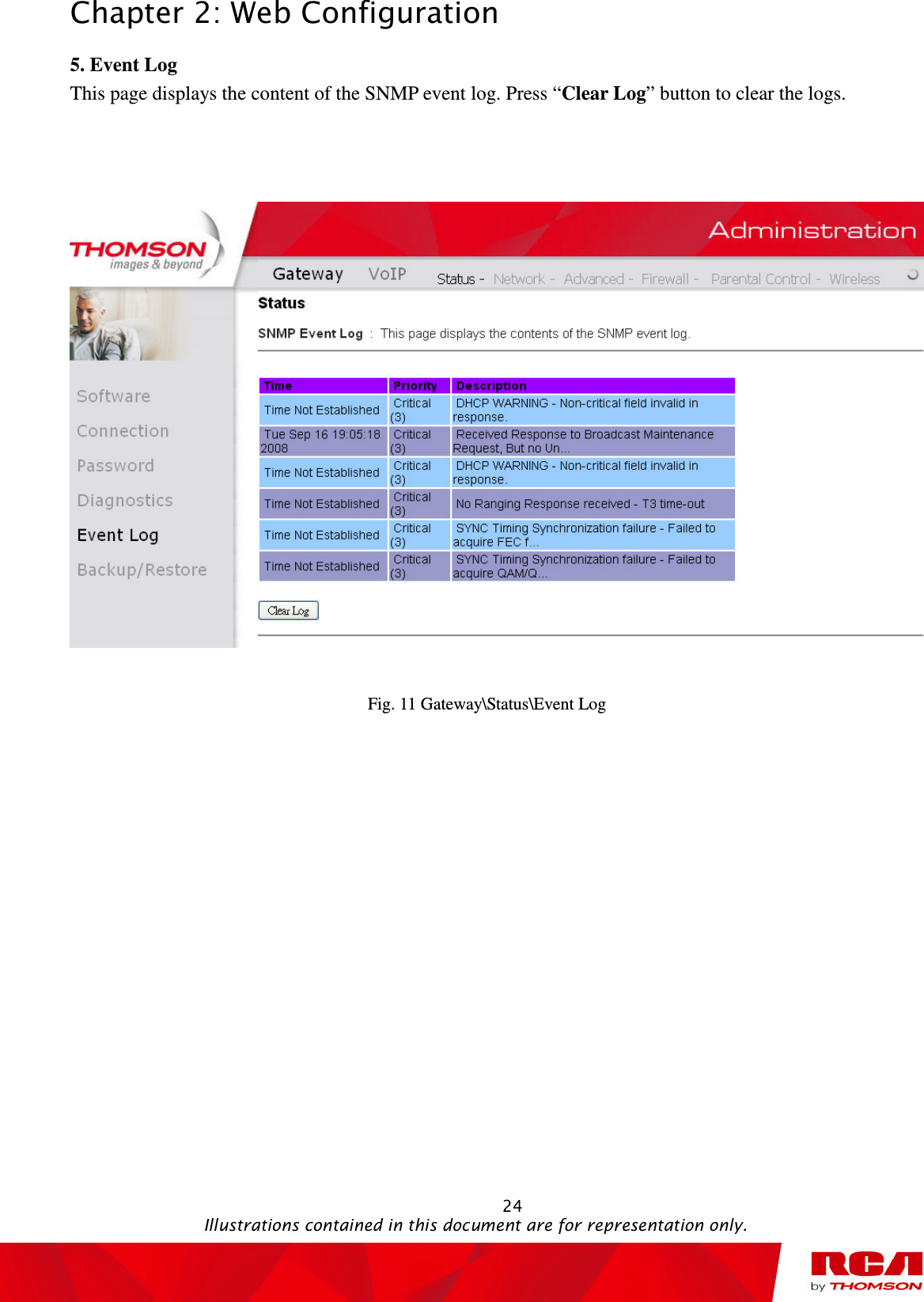 Chapter 2: Web Configuration                                                                                                   24                                                                                           Illustrations contained in this document are for representation only. 5. Event Log This page displays the content of the SNMP event log. Press “Clear Log” button to clear the logs.        Fig. 11 Gateway\Status\Event Log 