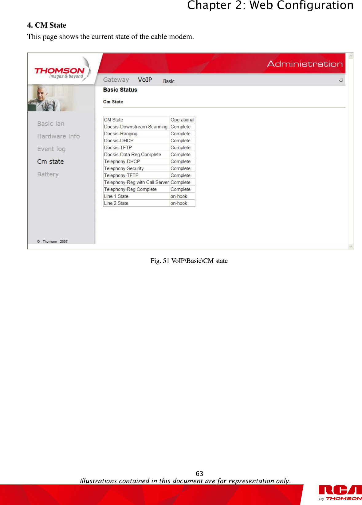 Chapter 2: Web Configuration  63                                                                                           Illustrations contained in this document are for representation only.  4. CM State This page shows the current state of the cable modem. Fig. 51 VoIP\Basic\CM state  