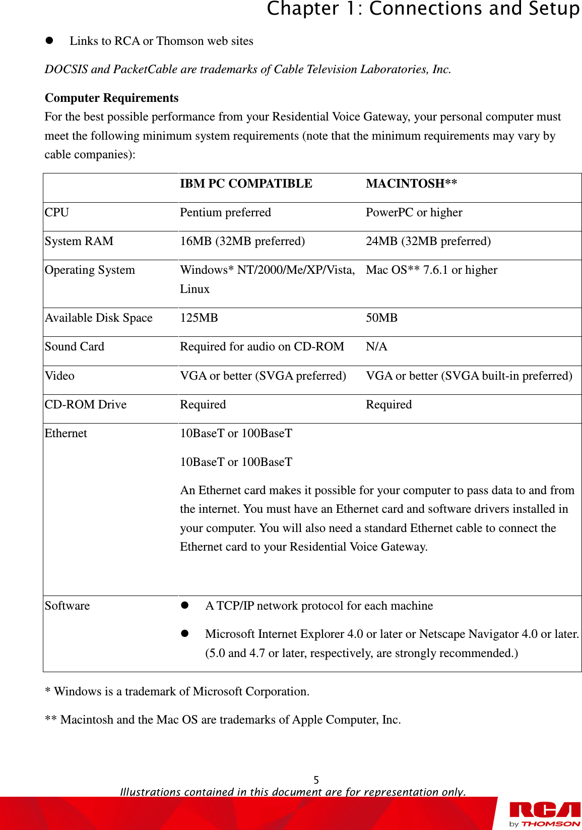 Chapter 1: Connections and Setup  5                                                                                   Illustrations contained in this document are for representation only.  Links to RCA or Thomson web sites DOCSIS and PacketCable are trademarks of Cable Television Laboratories, Inc. Computer Requirements For the best possible performance from your Residential Voice Gateway, your personal computer must meet the following minimum system requirements (note that the minimum requirements may vary by cable companies):  IBM PC COMPATIBLE  MACINTOSH** CPU  Pentium preferred  PowerPC or higher System RAM  16MB (32MB preferred)  24MB (32MB preferred) Operating System  Windows* NT/2000/Me/XP/Vista, Linux Mac OS** 7.6.1 or higher Available Disk Space  125MB  50MB Sound Card  Required for audio on CD-ROM  N/A Video  VGA or better (SVGA preferred)  VGA or better (SVGA built-in preferred) CD-ROM Drive  Required  Required Ethernet  10BaseT or 100BaseT 10BaseT or 100BaseT An Ethernet card makes it possible for your computer to pass data to and from the internet. You must have an Ethernet card and software drivers installed in your computer. You will also need a standard Ethernet cable to connect the Ethernet card to your Residential Voice Gateway. Software   A TCP/IP network protocol for each machine  Microsoft Internet Explorer 4.0 or later or Netscape Navigator 4.0 or later. (5.0 and 4.7 or later, respectively, are strongly recommended.) * Windows is a trademark of Microsoft Corporation. ** Macintosh and the Mac OS are trademarks of Apple Computer, Inc. 