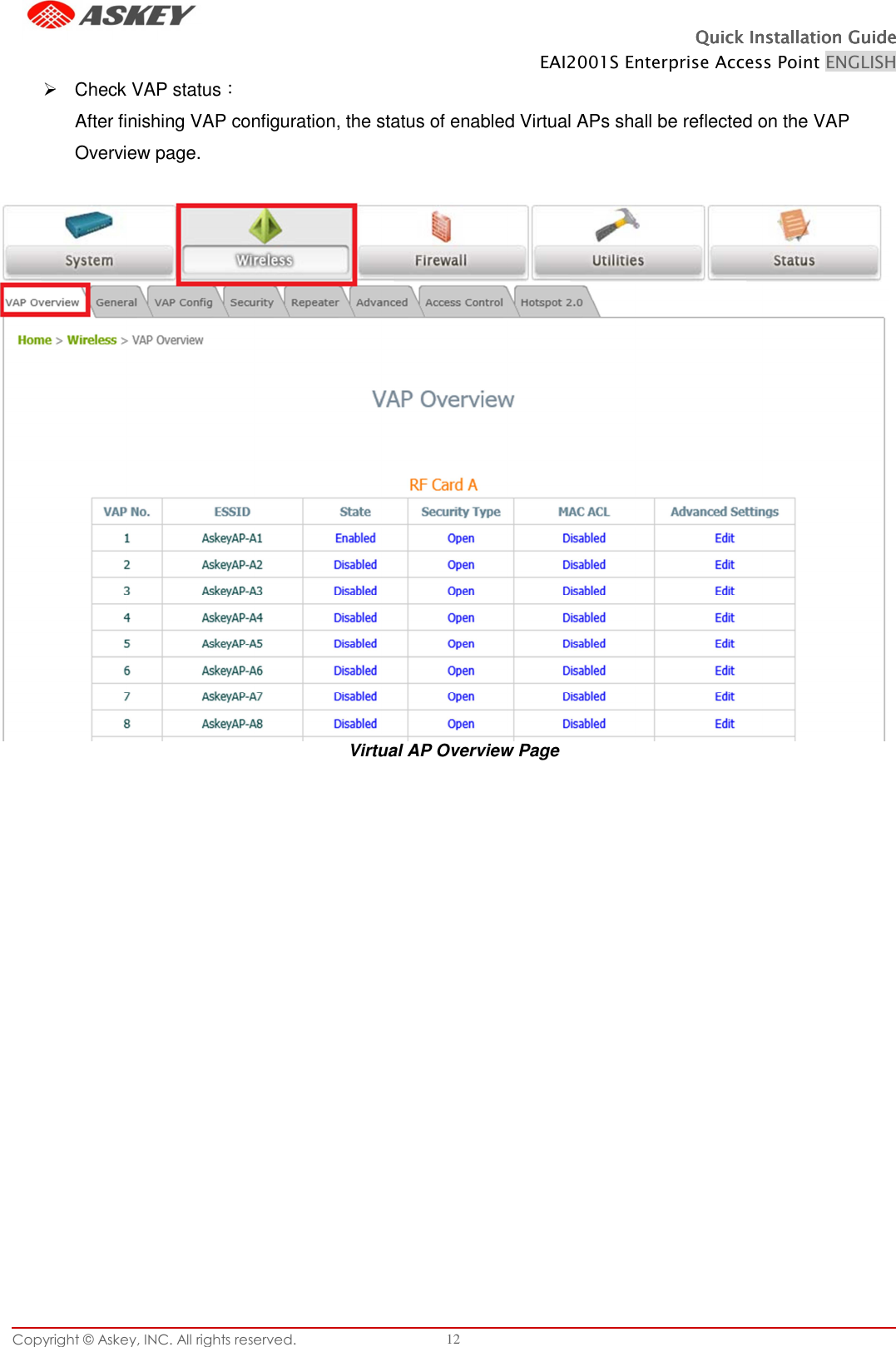 Copyright © Askey, INC. All rights reserved. 12 Quick Installation GuideQuick Installation GuideQuick Installation GuideQuick Installation Guide    EAI2001S Enterprise Access Point ENGLISH      Check VAP status： After finishing VAP configuration, the status of enabled Virtual APs shall be reflected on the VAP Overview page. Virtual AP Overview Page 