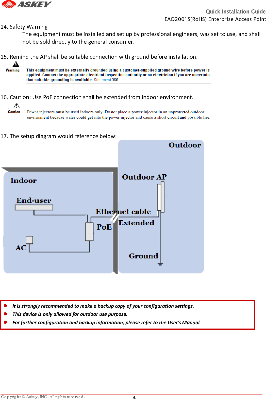 Quick Installation Guide EAO2001S(RoHS) Enterprise Access Point Copyright © Askey, INC. All rights reserved.   9.   14. Safety Warning The equipment must be installed and set up by professional engineers, was set to use, and shall not be sold directly to the general consumer.  15. Remind the AP shall be suitable connection with ground before installation.   16. Caution: Use PoE connection shall be extended from indoor environment.   17. The setup diagram would reference below:     It is strongly recommended to make a backup copy of your configuration settings.  This device is only allowed for outdoor use purpose.  For further configuration and backup information, please refer to the User’s Manual. 