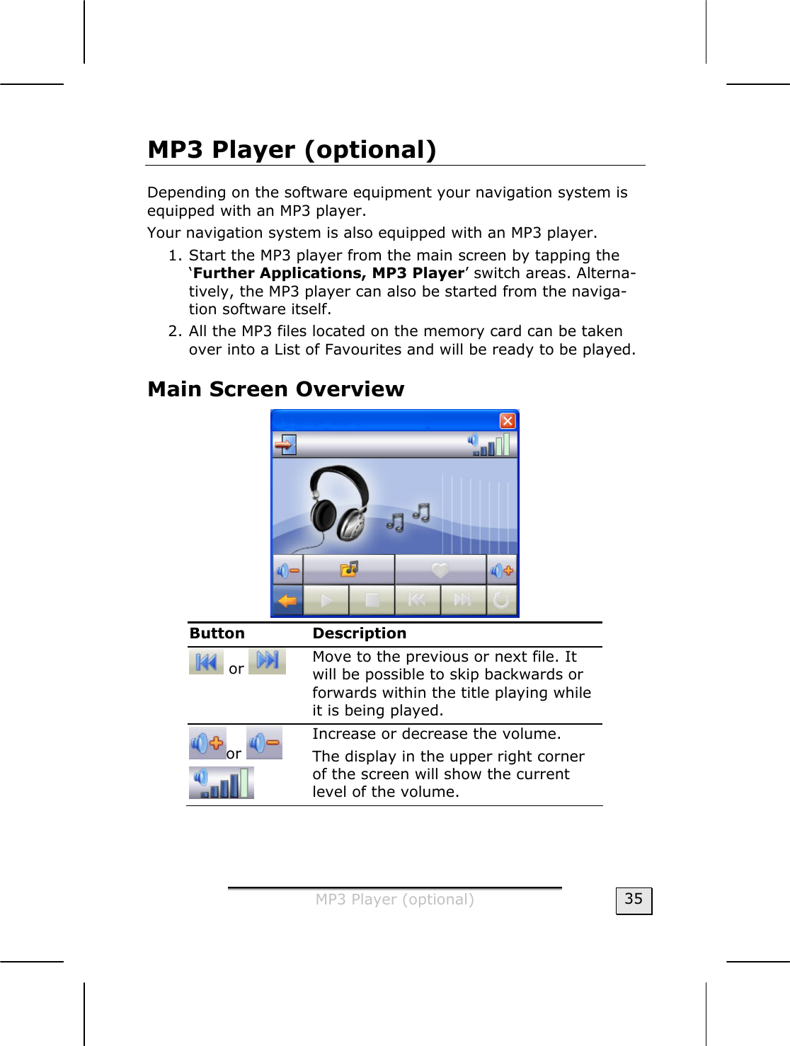  MP3 Player (optional)  35 MP3 Player (optional) Depending on the software equipment your navigation system is equipped with an MP3 player. Your navigation system is also equipped with an MP3 player. 1. Start the MP3 player from the main screen by tapping the ‘Further Applications, MP3 Player’ switch areas. Alterna-tively, the MP3 player can also be started from the naviga-tion software itself.    2. All the MP3 files located on the memory card can be taken over into a List of Favourites and will be ready to be played.    Main Screen Overview  Button Description  or   Move to the previous or next file. It will be possible to skip backwards or forwards within the title playing while it is being played. or    Increase or decrease the volume. The display in the upper right corner of the screen will show the current level of the volume.  