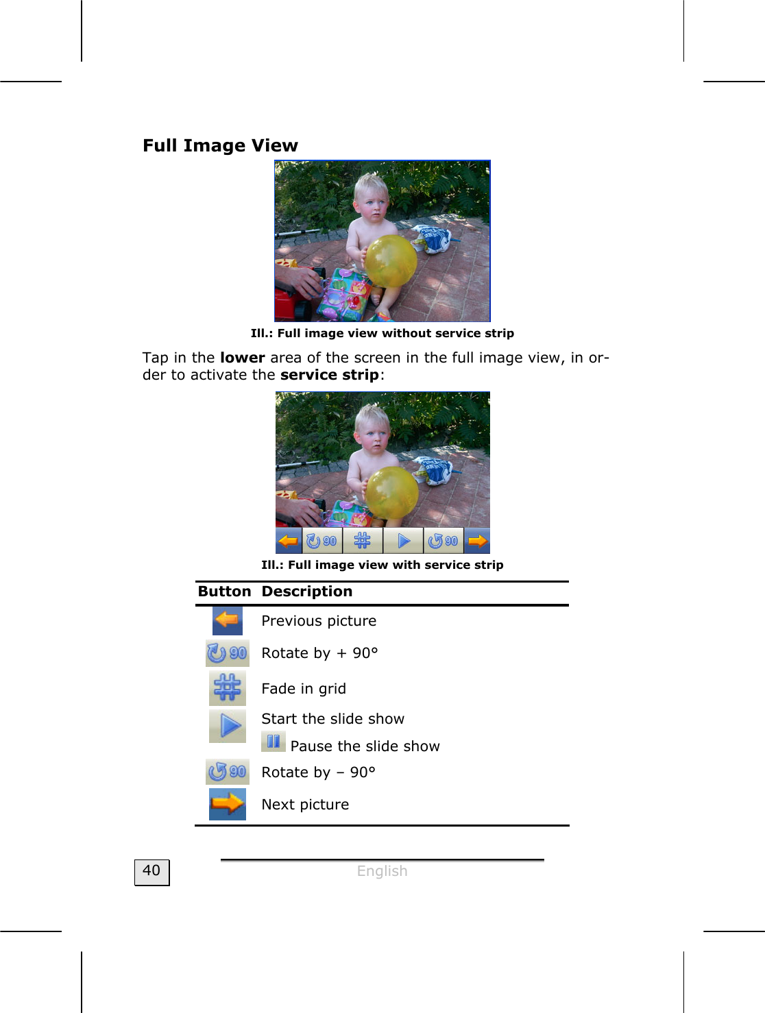  English  40 Full Image View  Ill.: Full image view without service strip  Tap in the lower area of the screen in the full image view, in or-der to activate the service strip:    Ill.: Full image view with service strip Button Description  Previous picture   Rotate by + 90°  Fade in grid  Start the slide show   Pause the slide show     Rotate by – 90°  Next picture  