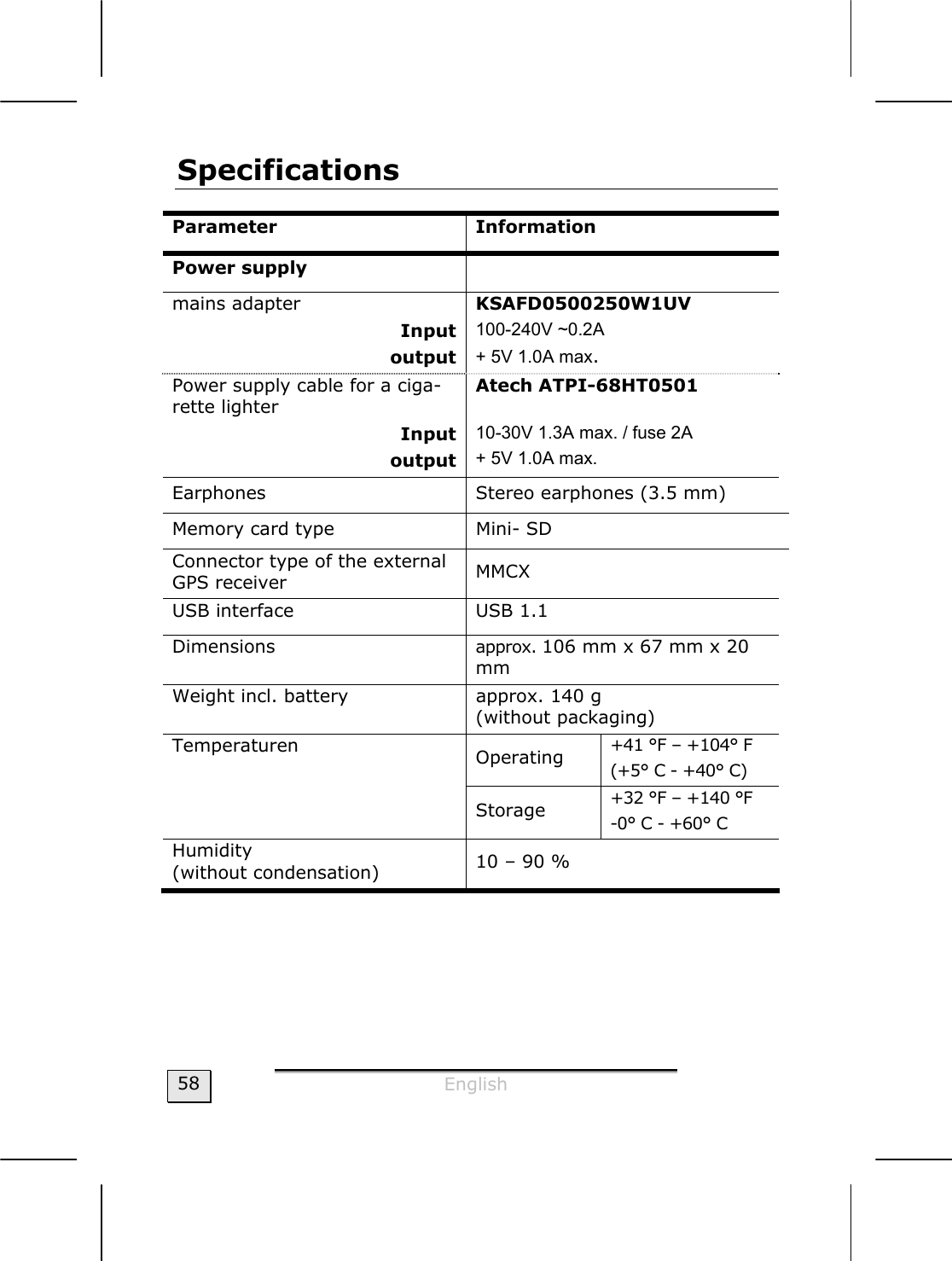  English  58 Specifications Parameter Information Power supply   mains adapter Input output KSAFD0500250W1UV  100-240V ~0.2A + 5V 1.0A max. Power supply cable for a ciga-rette lighter Input output Atech ATPI-68HT0501  10-30V 1.3A max. / fuse 2A  + 5V 1.0A max. Earphones  Stereo earphones (3.5 mm) Memory card type  Mini- SD Connector type of the external GPS receiver  MMCX   USB interface  USB 1.1 Dimensions  approx. 106 mm x 67 mm x 20 mm Weight incl. battery  approx. 140 g  (without packaging) Operating  +41 °F – +104° F (+5° C - +40° C) Temperaturen Storage  +32 °F – +140 °F -0° C - +60° C Humidity (without condensation)  10 – 90 %    