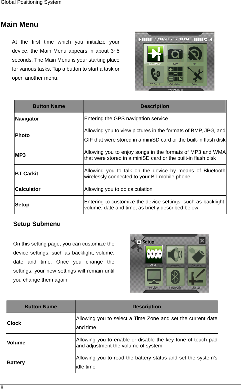 Global Positioning System   Main Menu At the first time which you initialize your device, the Main Menu appears in about 3~5 seconds. The Main Menu is your starting place for various tasks. Tap a button to start a task or open another menu.     Button Name  Description Navigator  Entering the GPS navigation service Photo Allowing you to view pictures in the formats of BMP, JPG, and GIF that were stored in a miniSD card or the built-in flash diskMP3  Allowing you to enjoy songs in the formats of MP3 and WMA that were stored in a miniSD card or the built-in flash disk BT Carkit Allowing you to talk on the device by means of Bluetooth wirelessly connected to your BT mobile phone Calculator  Allowing you to do calculation Setup  Entering to customize the device settings, such as backlight, volume, date and time, as briefly described below Setup Submenu On this setting page, you can customize the device settings, such as backlight, volume, date and time. Once you change the settings, your new settings will remain until you change them again.   Button Name  Description Clock Allowing you to select a Time Zone and set the current date and time Volume  Allowing you to enable or disable the key tone of touch pad and adjustment the volume of system Battery  Allowing you to read the battery status and set the system’s idle time   8 