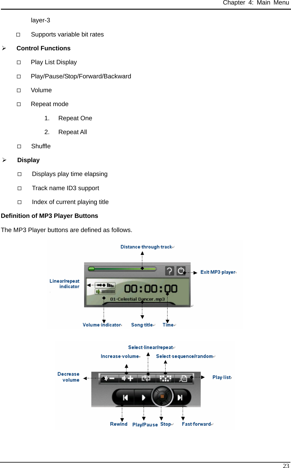 Chapter 4: Main Menu layer-3  Supports variable bit rates ¾ Control Functions  Play List Display  Play/Pause/Stop/Forward/Backward  Volume  Repeat mode 1. Repeat One 2. Repeat All  Shuffle ¾ Display  Displays play time elapsing  Track name ID3 support  Index of current playing title Definition of MP3 Player Buttons The MP3 Player buttons are defined as follows.    23 